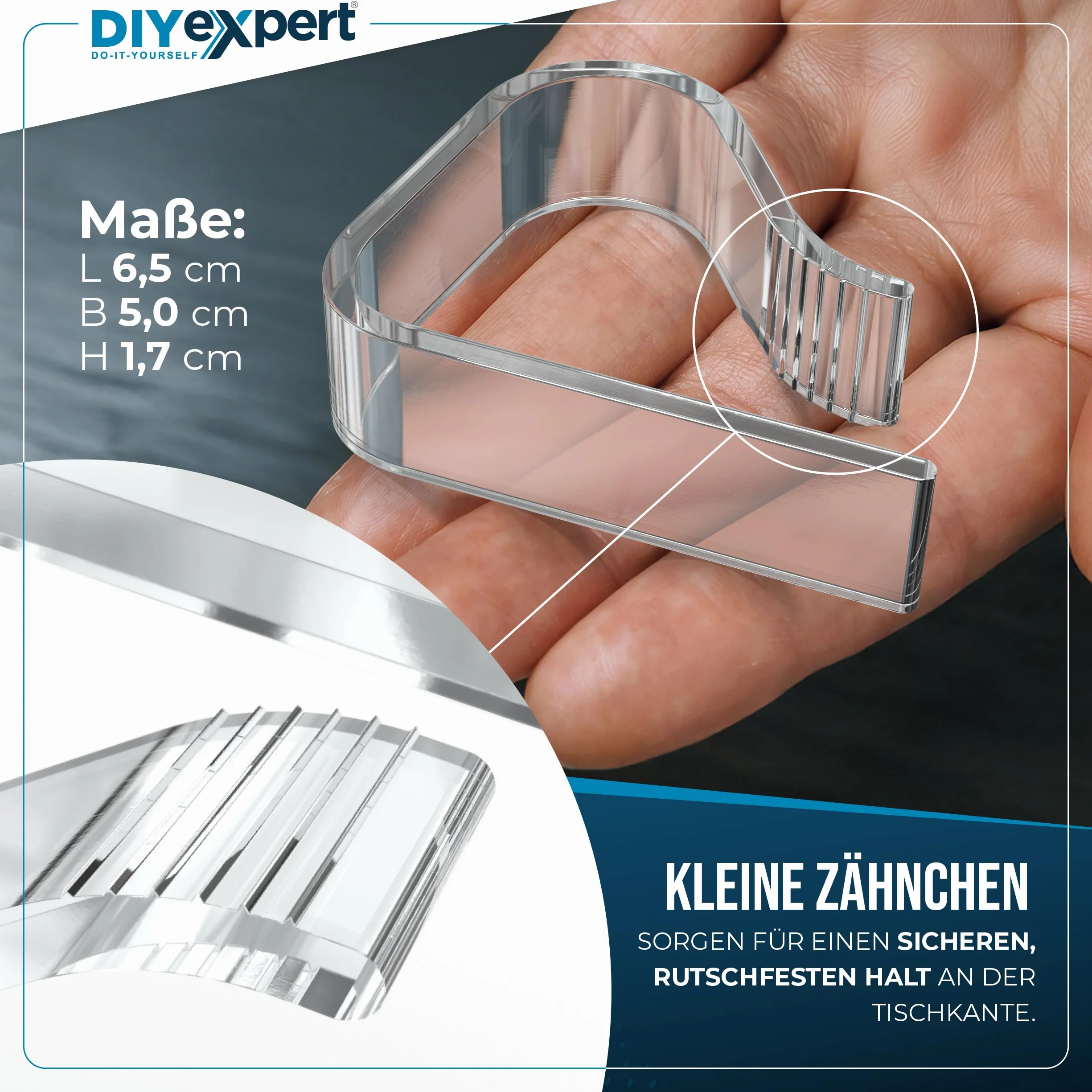 DIYexpert Przezroczyste klamerki do obrusu Made in Germany [do 45 mm] [8 sztuk] stabilne klamry do obrusów – odporne na warunki atmosferyczne i antypoślizgowe – klamry do stołu, do ogrodu, na balkon i