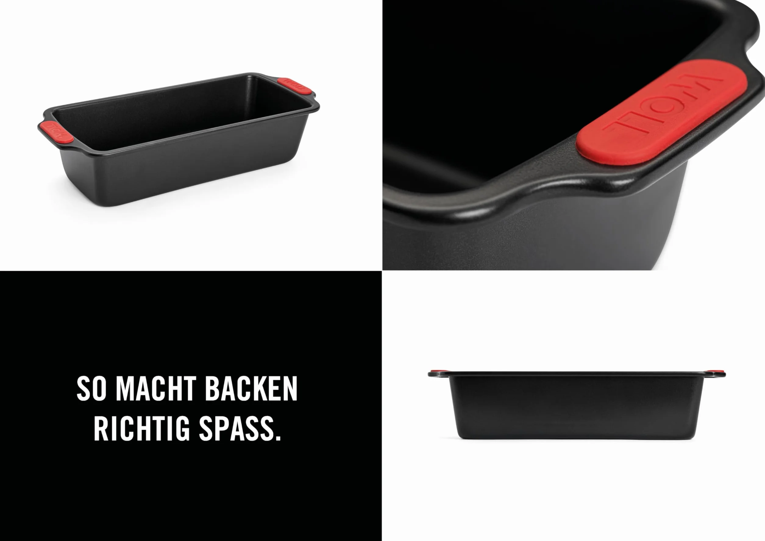 Woll Bakeware forma skrzynkowa 30 cm, z odpornymi na wysokie temperatury uchwytami silikonowymi do 230°C, bez PFAS, dwuwarstwowa powłoka nieprzywierająca, stal aluminiowana, czarna