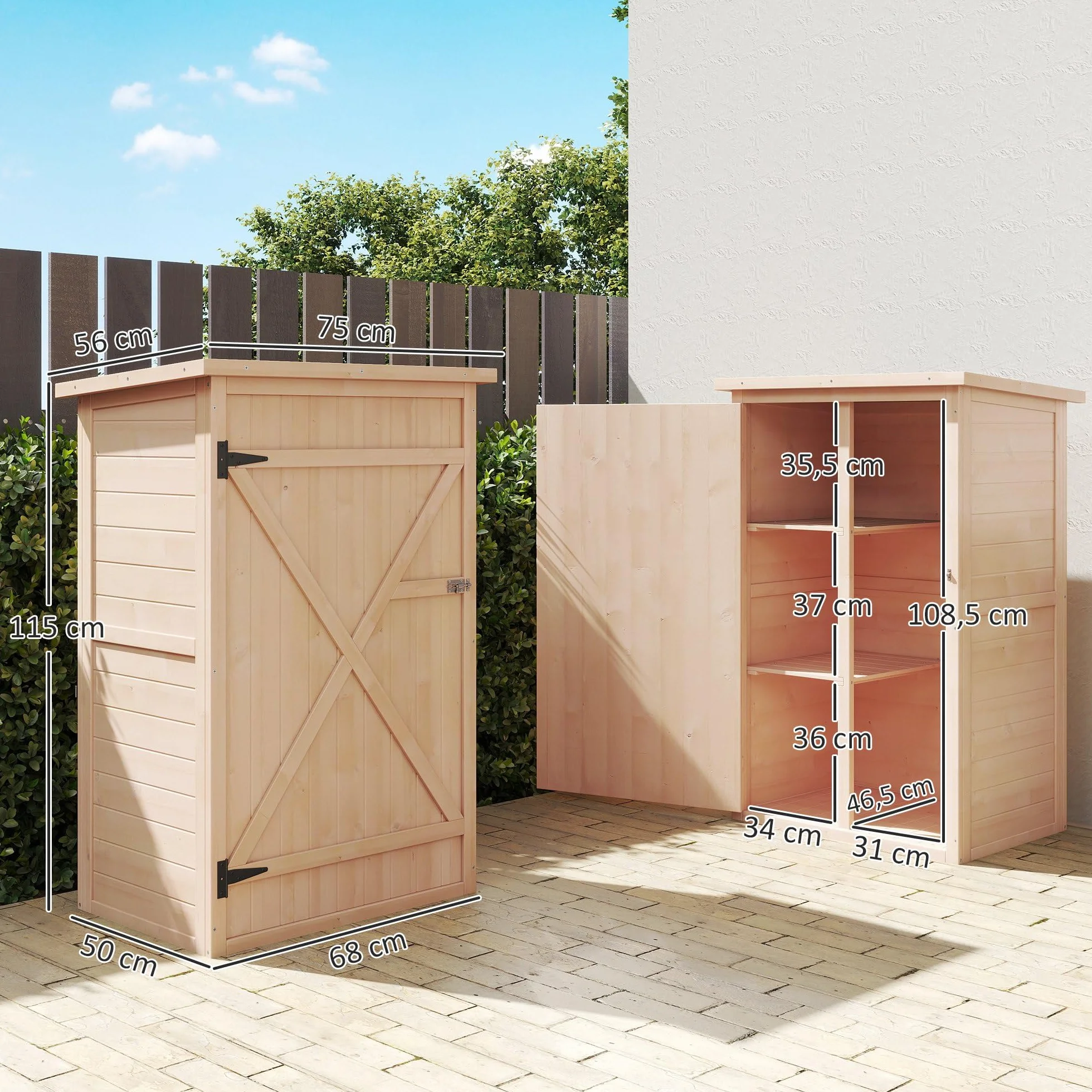 Outsunny Szafka ogrodowa Zniżka na narzędzia Drewno jodłowe wstępnie naoliwione Dach bitumiczny nachylony - Duży zamek drzwi - 2 półki - Sm. 75L x 56l x 115H cm