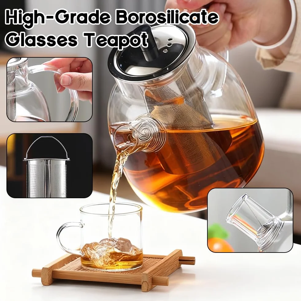Dzbanek do herbaty 1,8 l z zestawem podgrzewaczy, szklany dzbanek do herbaty z zaparzaczem, 1800 ml szklany dzbanek do herbaty z sitkiem ze stali nierdzewnej i szklaną pokrywką, podgrzewacz do