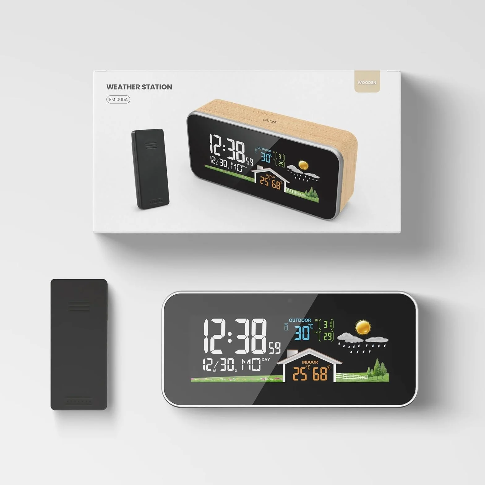 Stacje pogodowe, Bezprzewodowa stacja pogodowa Drewniany budzik Cyfrowy termometr Wilgotność Temperatura Bezprzewodowy czujnik Home TimeWatch Desktop #30(C)