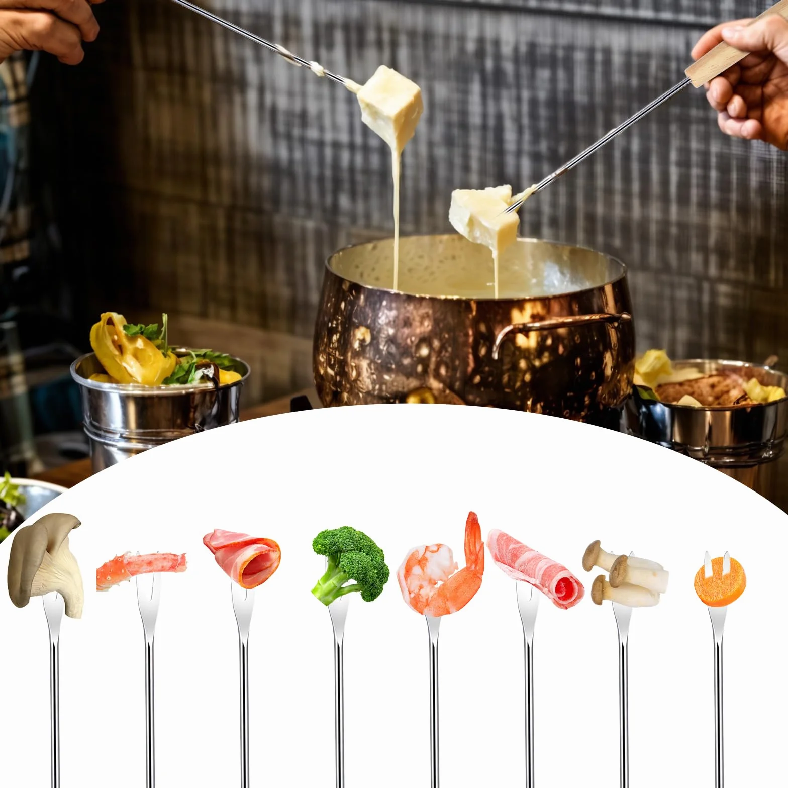 12 widelców do grilla, ze stali nierdzewnej, widelce do fondue, ze stali nierdzewnej, widelce do fondue z drewnianym uchwytem, do owoców, warzyw, sera, czekolady, fondue, pieczonych, srebrnych