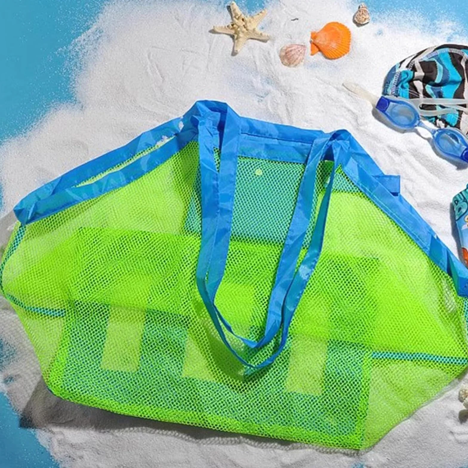 Jimkply torba siatkowa na zabawki plażowe (zestaw 2 szt.), worek na zabawki na piasek, torba plażowa, wielokrotnego użytku i składana torba do przechowywania, na zabawki do piasku, zabawki wodne i
