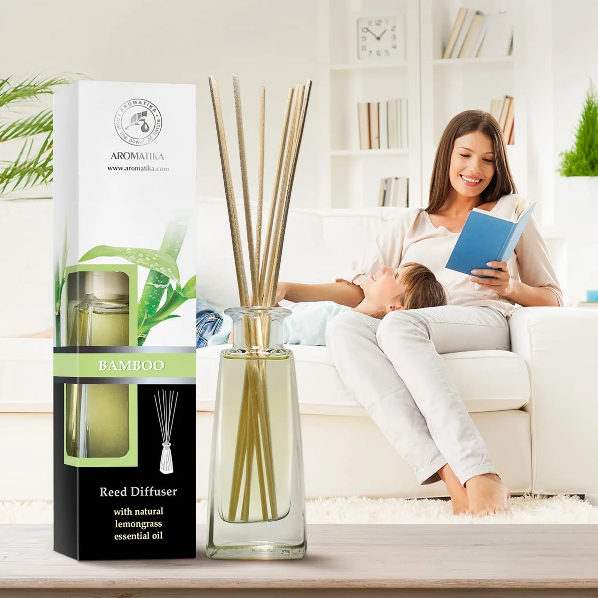 Dyfuzor Zapachowy z Patyczkami Bambus - 100 ml - Dyfuzor Pokojowy z Olejkiem z Trawy Cytrynowej - Zapach do Domu - Dyfuzor Olejków - Aromat Bambusowy - Dyfuzor Zapachowy