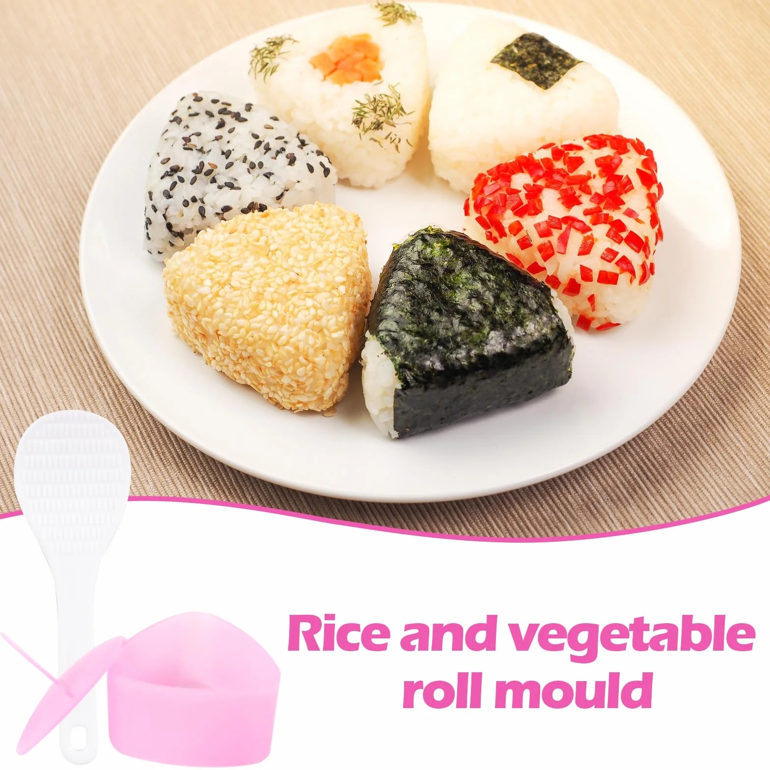 AKONE Foremka do Sushi Onigiri - Trójkątna Prasa do Robienia Kulek Ryżowych, 4 Sztuki z Szpatułką, Akcesoria DIY