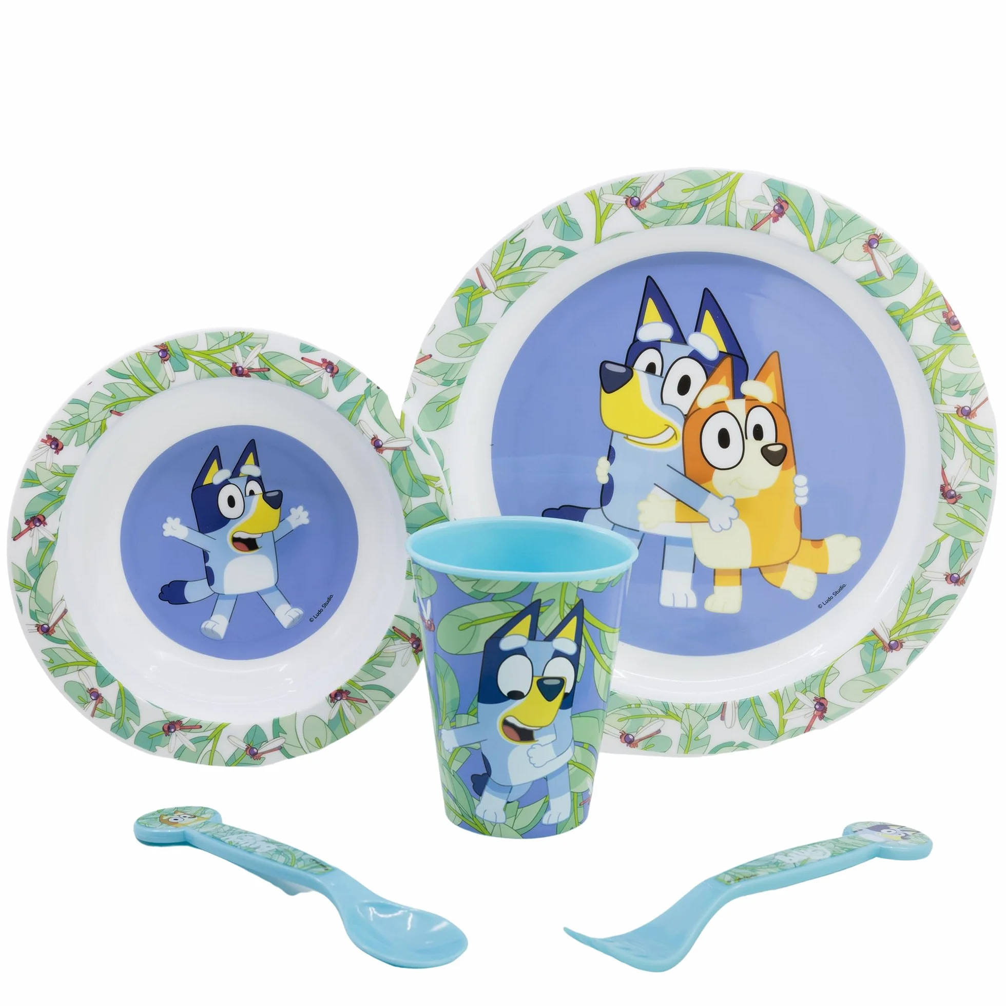 Bluey zestaw naczyń wielokrotnego użytku dla dzieci do kuchenki mikrofalowej, ze szklanką, talerzem, miską i sztućcami, Biały, Estándar, zwykły