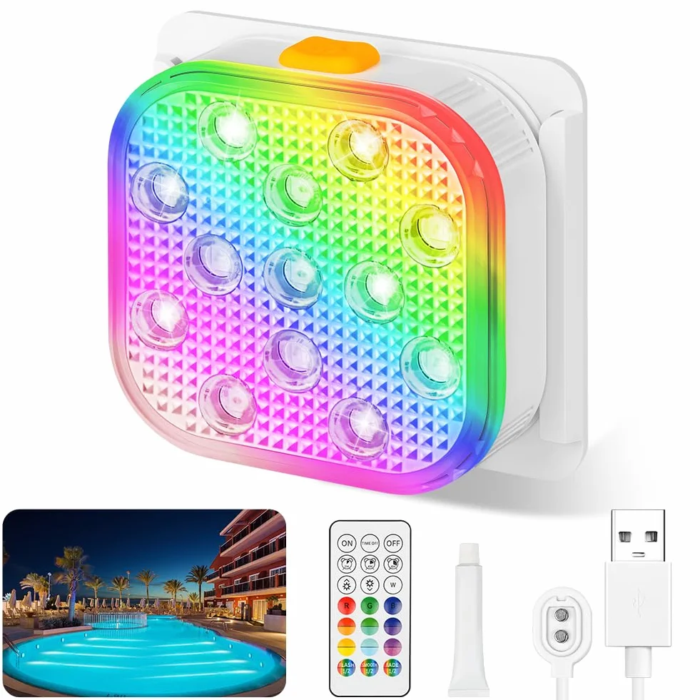 Vicloon Podwodne oświetlenie basenowe, ładowalne lampki do jacuzzi z pilotem zdalnego sterowania, 16 kolorów i 6 dynamicznych trybów RGB, wodoodporne światło LED IP68 do basenu, podstawy wazonu, spa