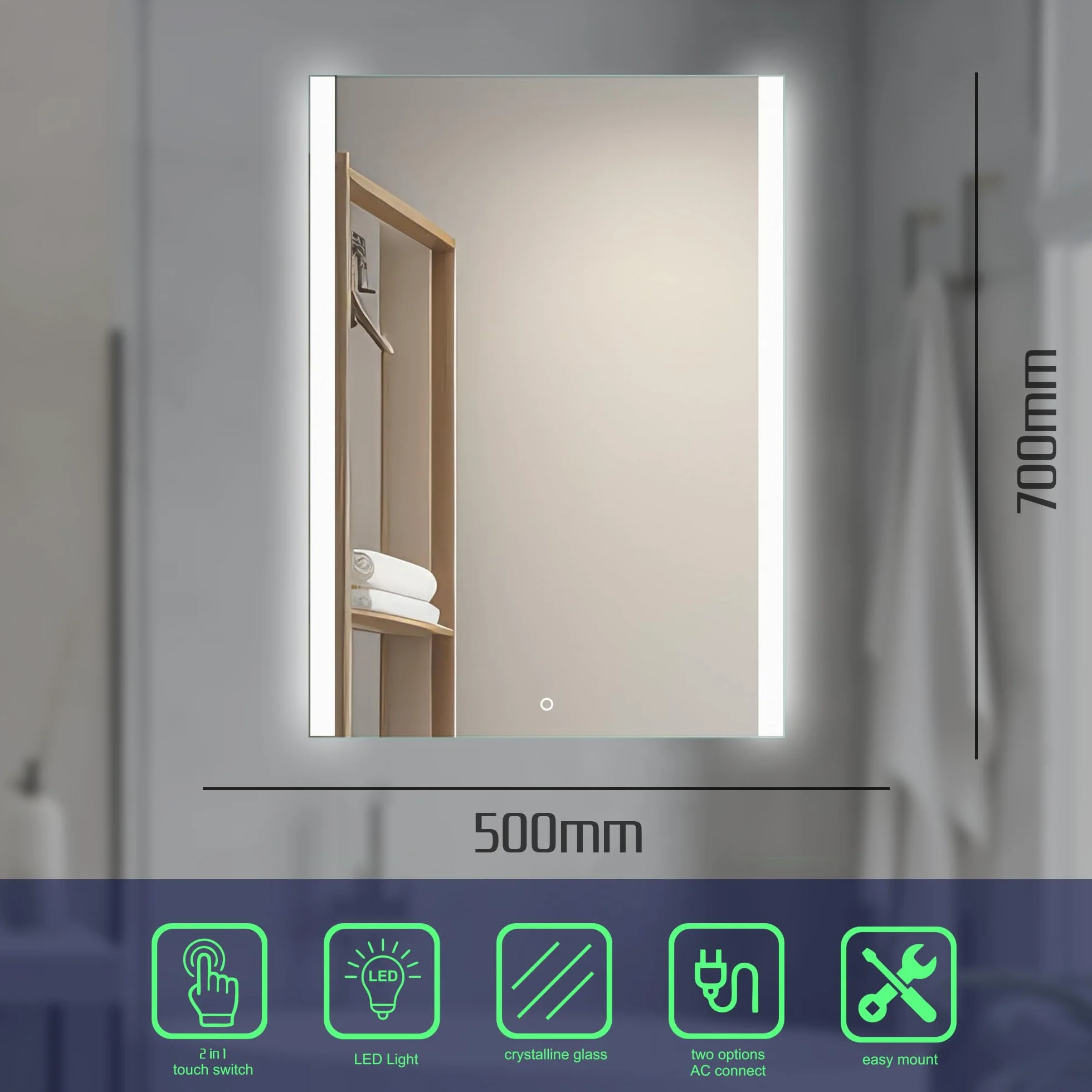 50x70 cm Prostokątne Lustro Łazienkowe z Oświetleniem LED Podświetlone Lustro z Włącznikiem Lustro Łazienkowe LED z Podświetlanymi Krawędziami Bocznymi