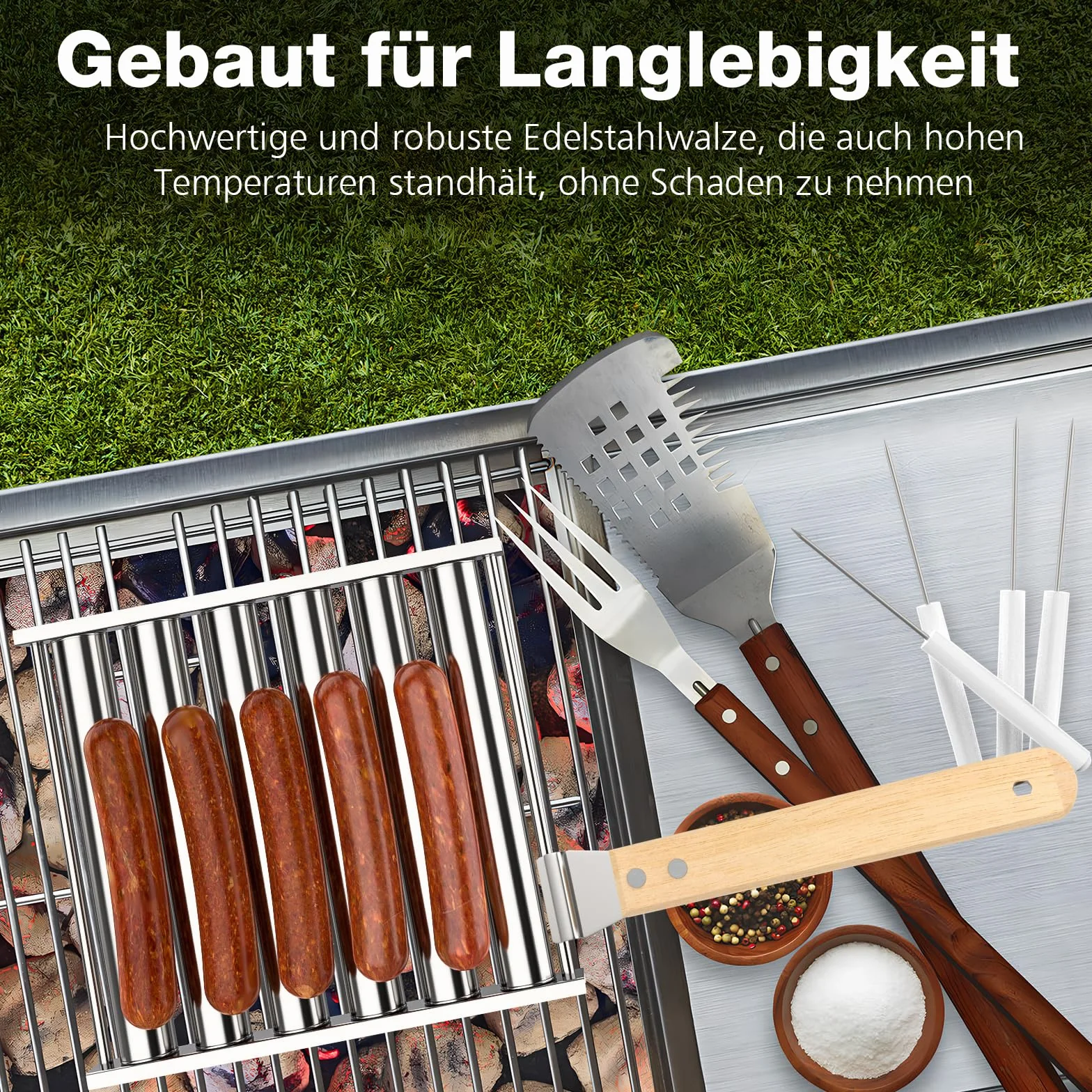 CLOPAE Hulajnoga do grillowania hot dogów, z drewnianym uchwytem, do równomiernego przyrządzania hot dogów