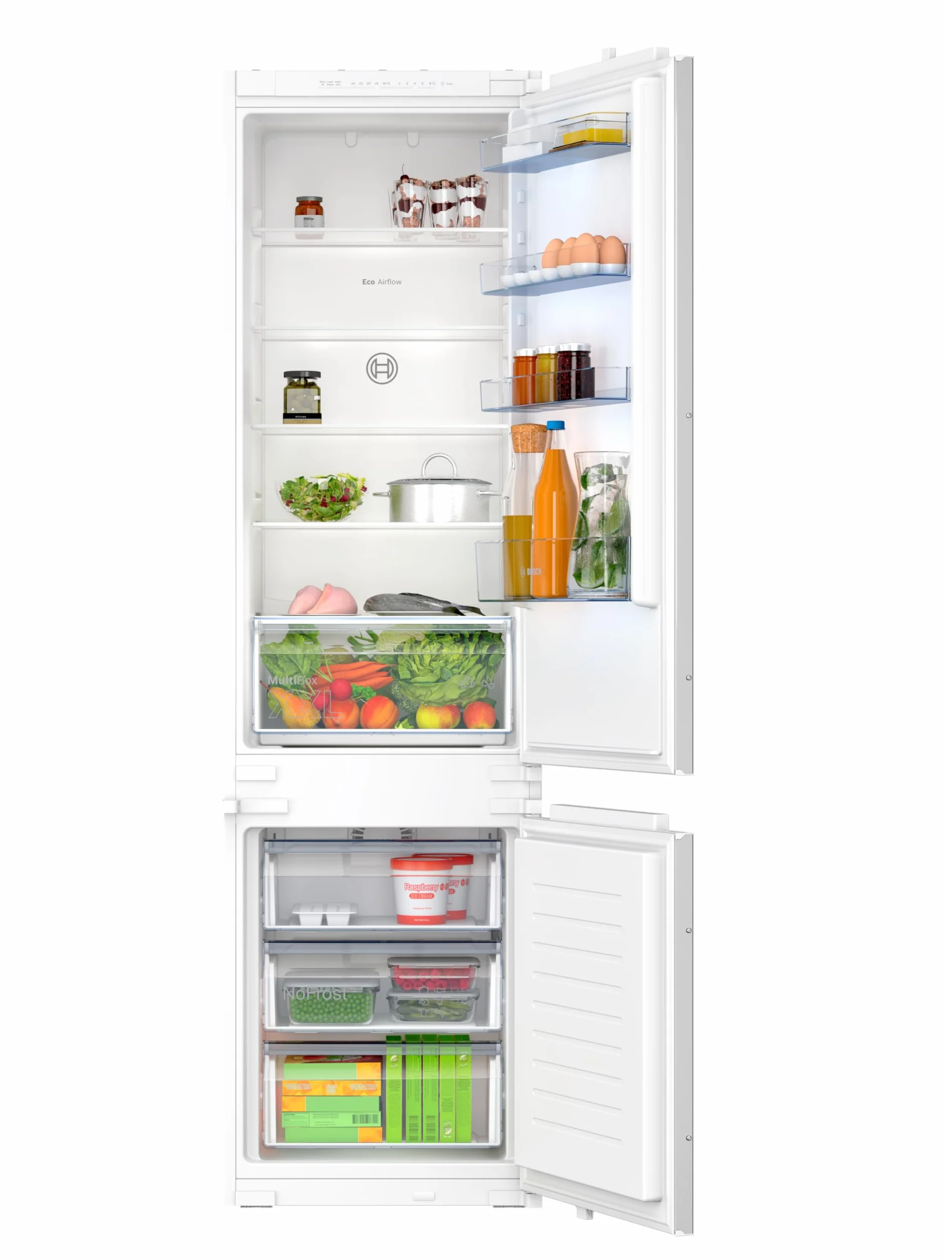Bosch KIN96NSE0 seria 2 lodówko-zamrażarka do zabudowy, wnęka 194 x 56 cm, chłodzenie 215 l + zamrażanie 75 l, 11% większa pojemność chłodzenia, nigdy więcej rozmrażania, równomierne oświetlenie