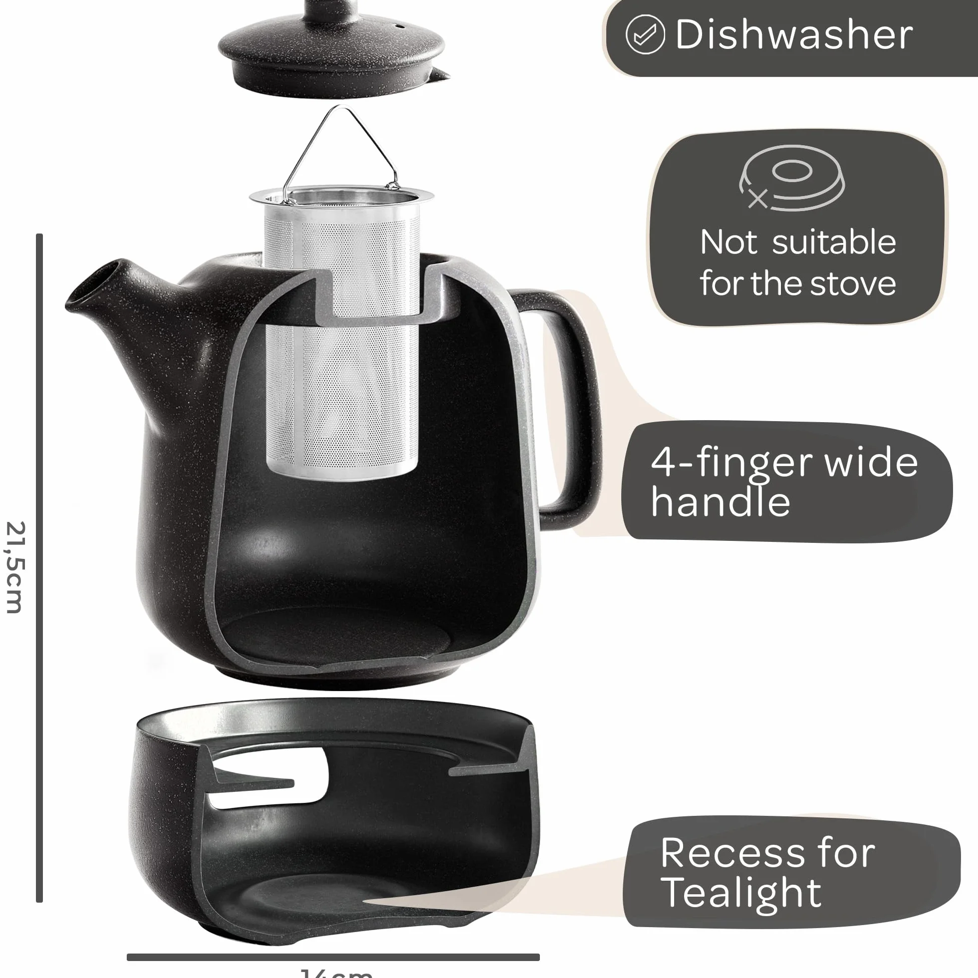 STEINZEIT Designerski dzbanek do herbaty z podgrzewaczem (1,3 l) – z sitkiem ze stali nierdzewnej 304 – ceramiczny z unikalną glazurą wyjmowany z sitkiem, czarny