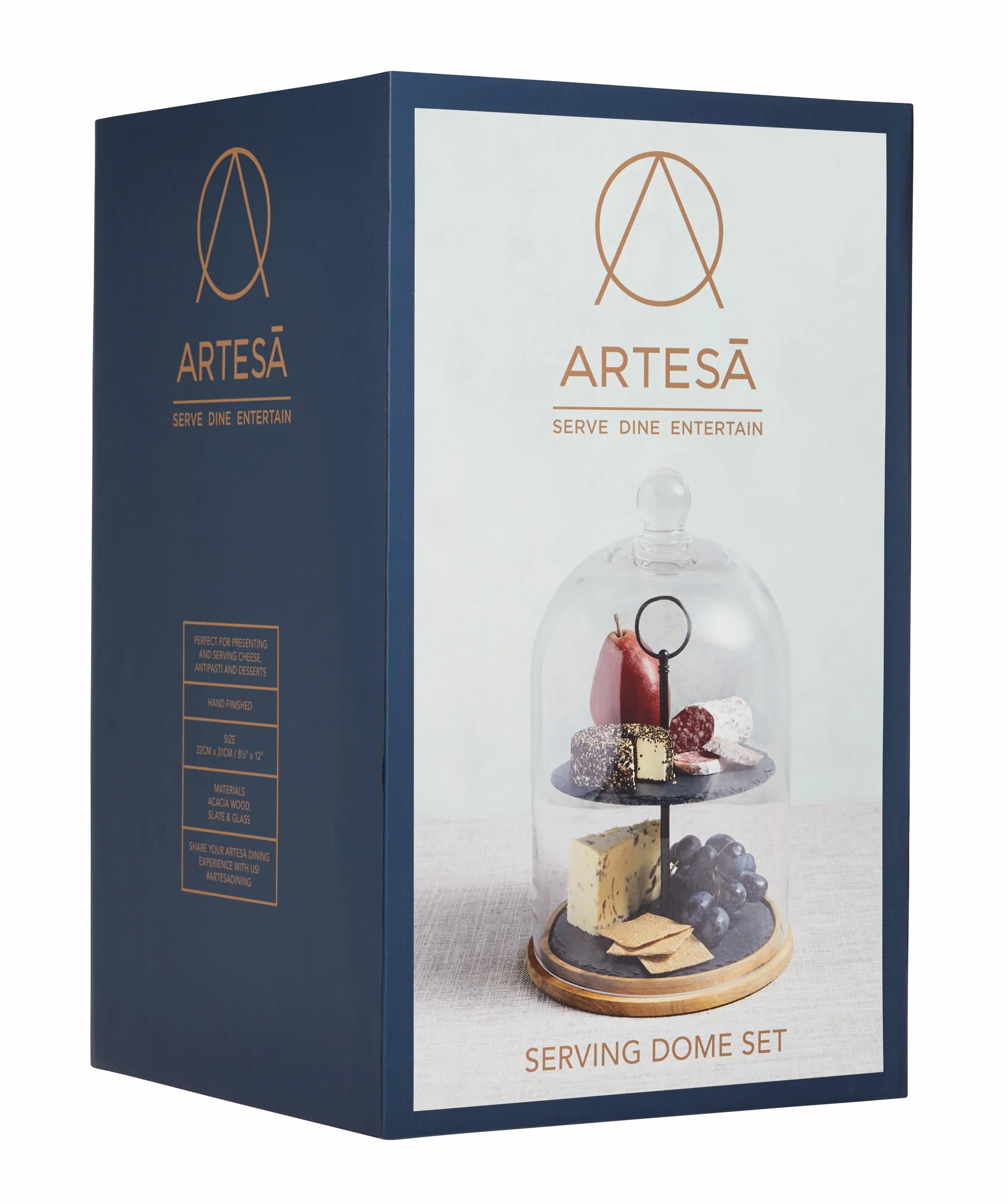 Artesà, dwupoziomowy stojak do serwowania i dzwonek na tort z 2 poziomami, szklany dzwonek, talerze do serwowania z łupka, stojak do serwowania z płyt łupkowych i drewnianą podstawą, 22 x 31 cm –