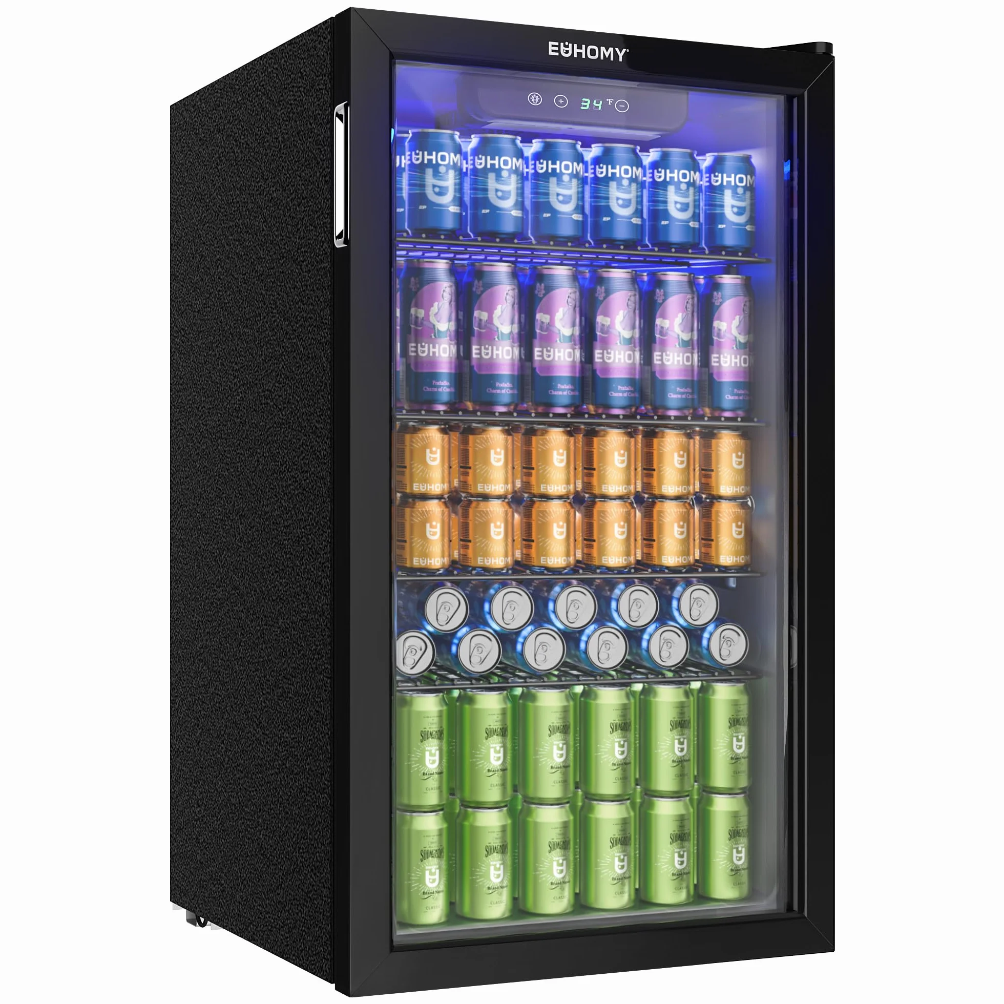 EUHOMY Lodówka na napoje, mini lodówka na 126 puszek ze szklanymi drzwiami, mała lodówka z regulowanymi półkami na lemoniadę, piwo lub wino, do domu/baru/biura, czarna, stal nierdzewna