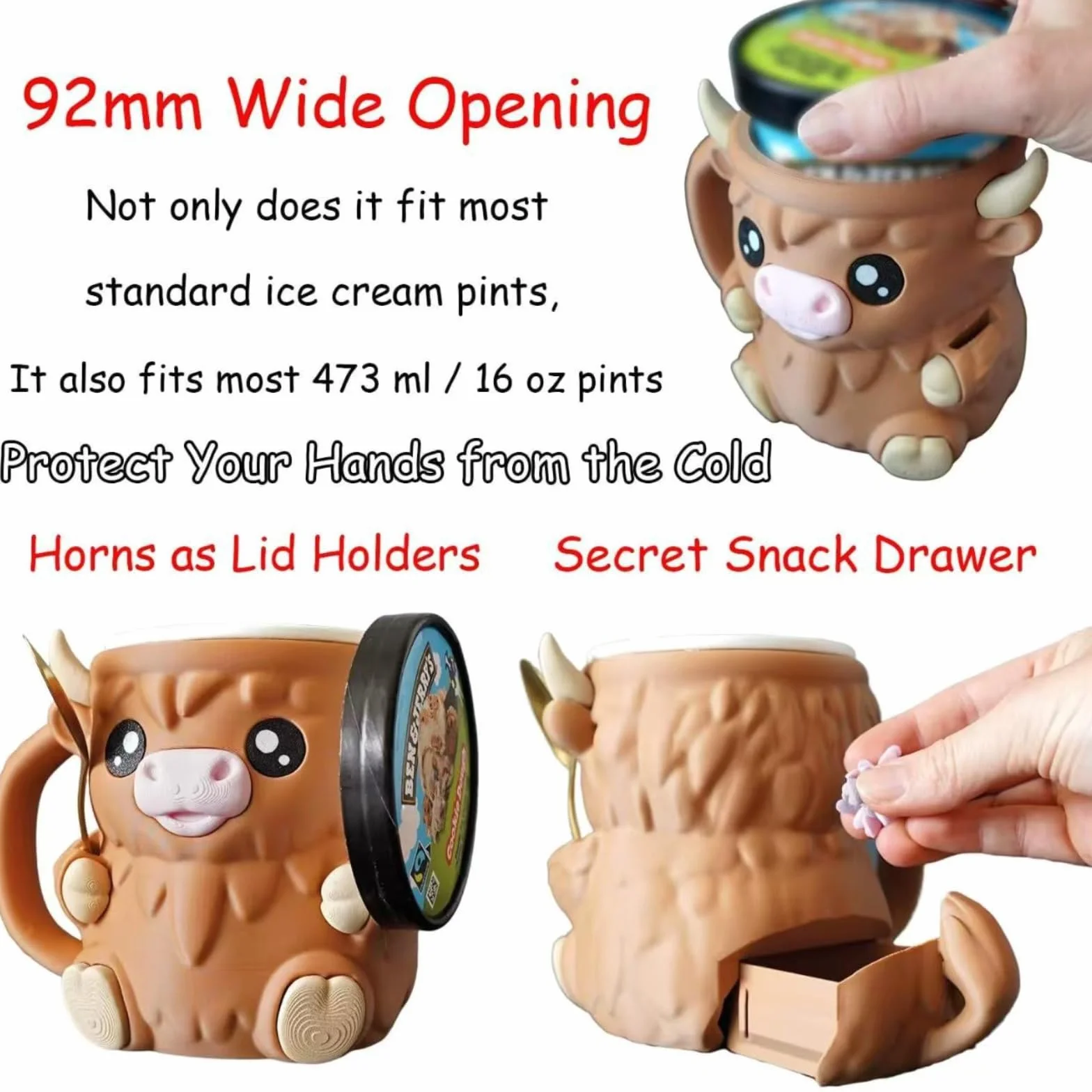 Générique Cow Ice Cream Cup Holder, krowa uchwyt na kropki do lodów z przekąską, łyżka, antypoślizgowa podstawa, antypoślizgowy uchwyt, lód przytulny rękaw