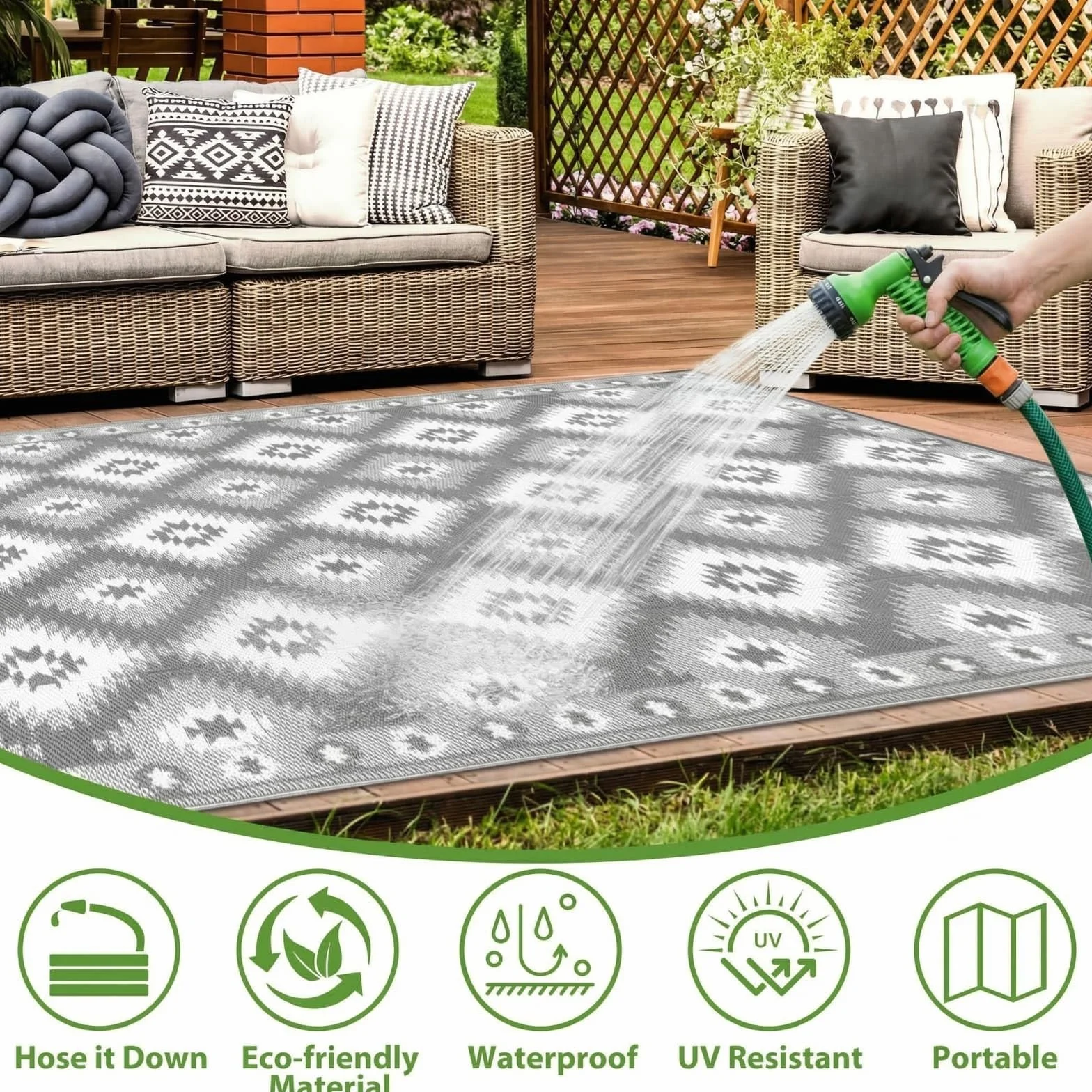 SHACOS Dywan Taras Balkon Zewnętrzny Szary 180x270cm Plastikowy Dwustronny Dywan Podłogowy Nowoczesny Tkany Płaski Do Wewnątrz Na Zewnątrz Taras Kemping Piknik Patio