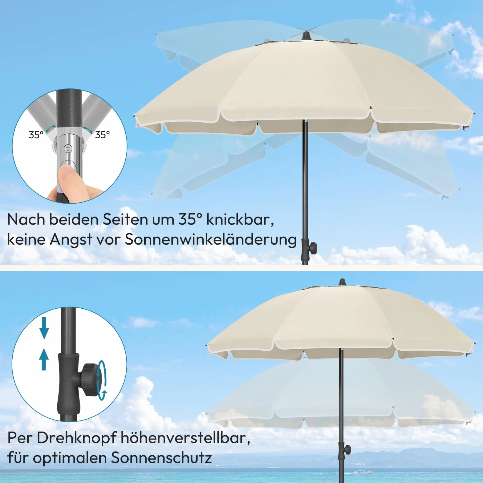 Laneetal Parasol plażowy φ135/155/175 cm, osłona przeciwsłoneczna z ochroną UV UPF 50+, regulacja wysokości i nachylenia, przenośny z torbą, wentylowany okrągły parasol do balkonu/ogrodu/plaży