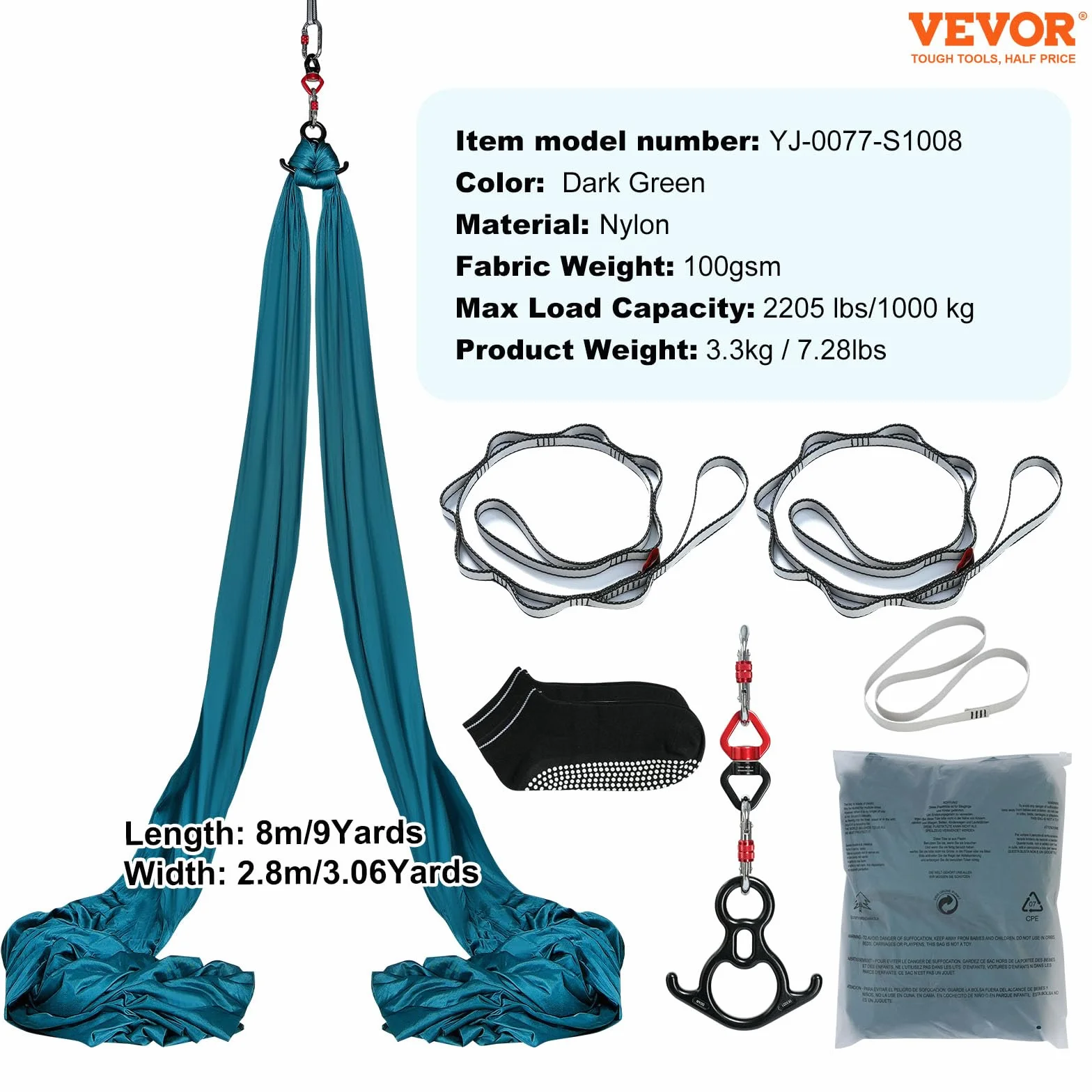 VEVOR Aerial Yoga Hamak Zestaw 8 x 2,8 m, Zielony Swing Air Muchy, Indoor Hammock 1000 kg Maks. Nośność, W Zestawie Skarpety do Jogi i Stalowy Karabińczyk