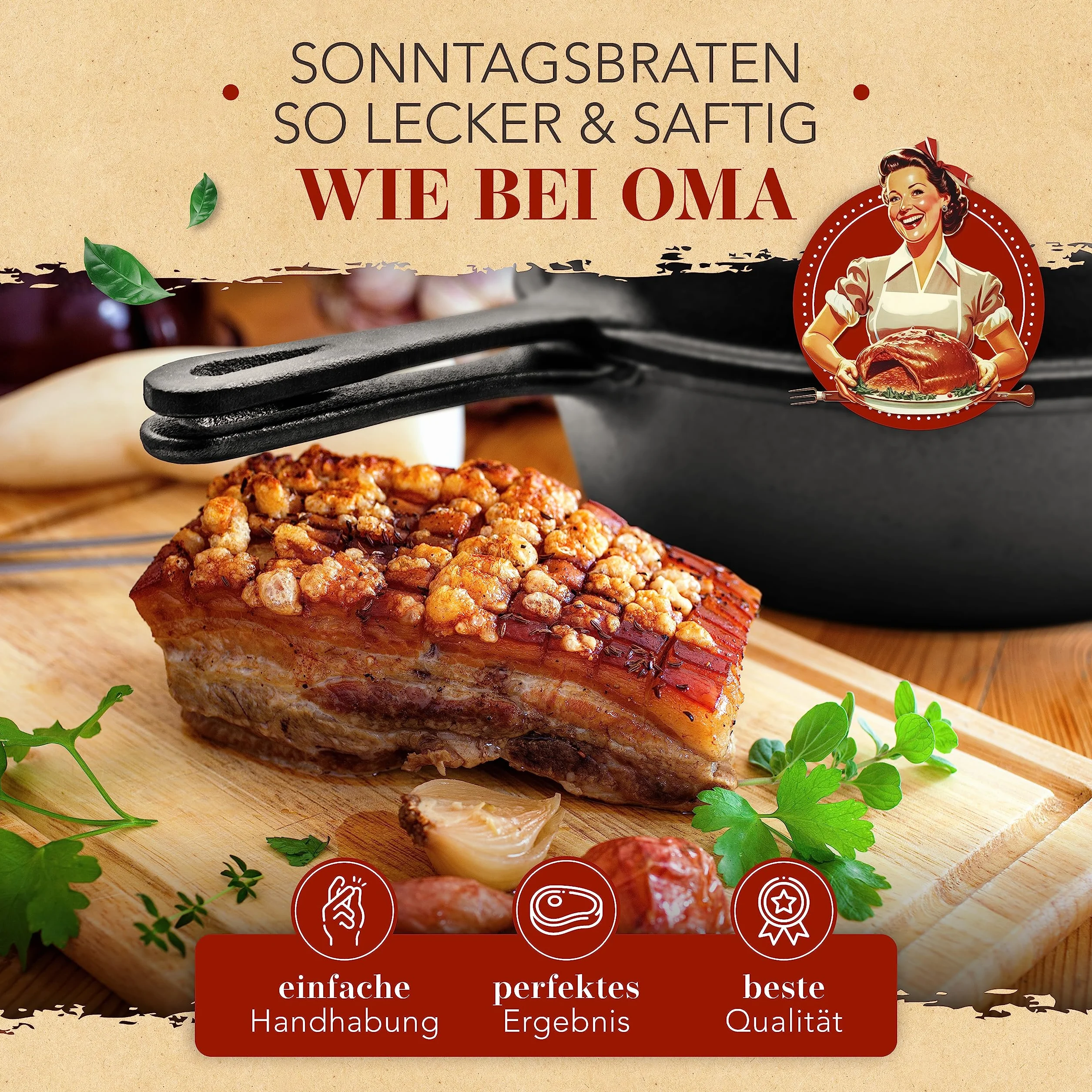 KRUSTENZAUBER Żeliwny garnek [w zestawie widelec do mięsa] – wytrzymały żeliwny garnek do pieczenia z pokrywką, nadaje się do piekarnika – idealny jako garnek do duszenia indukcyjnego, zestaw Dutch