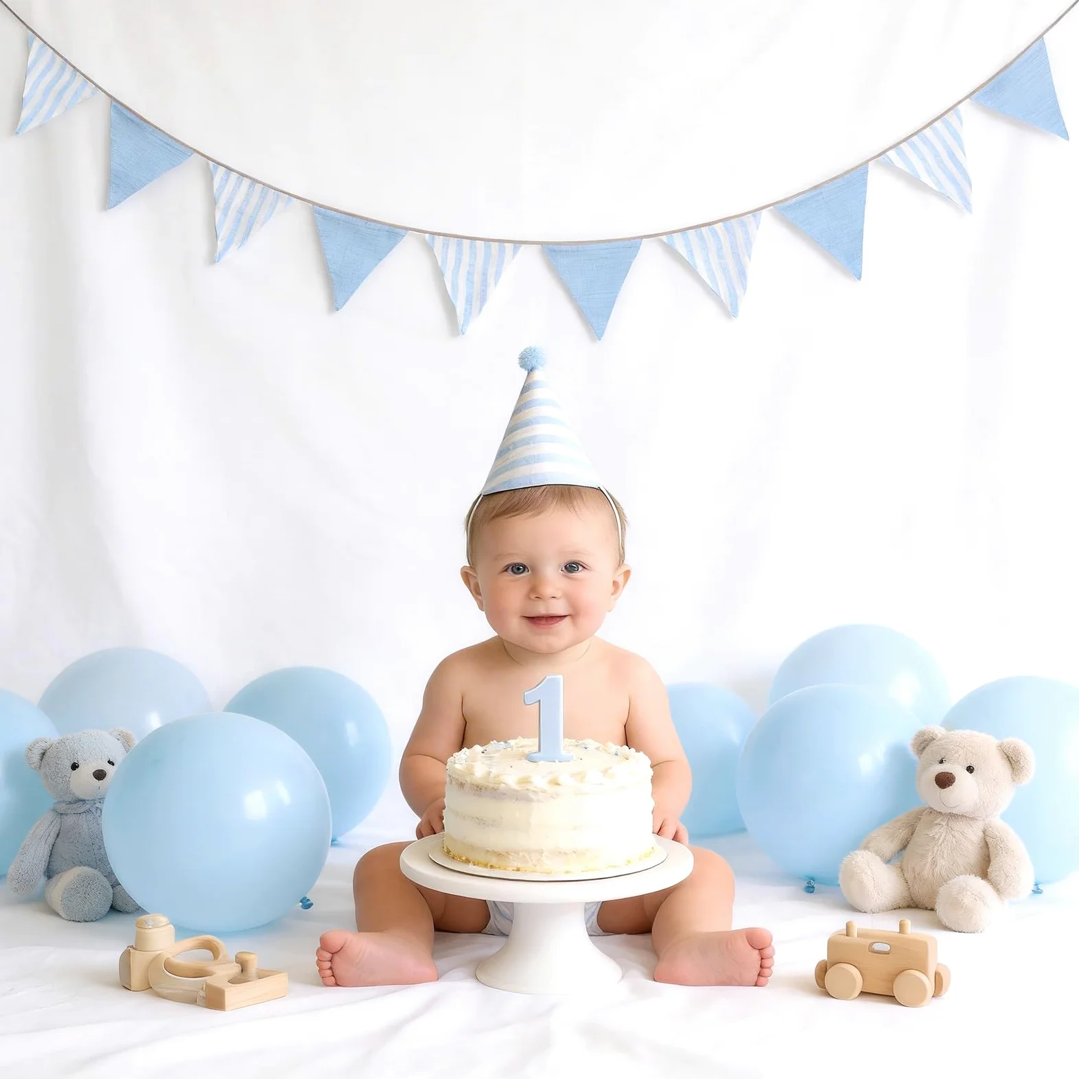 G2PLUS Flagi bawełniane, 2,6 m, jasnoniebieski wieniec z pionowymi paskami, girlanda dwustronna do dekoracji pokoju dziecięcego, baby shower, urodzin, chrztu, majsterkowania