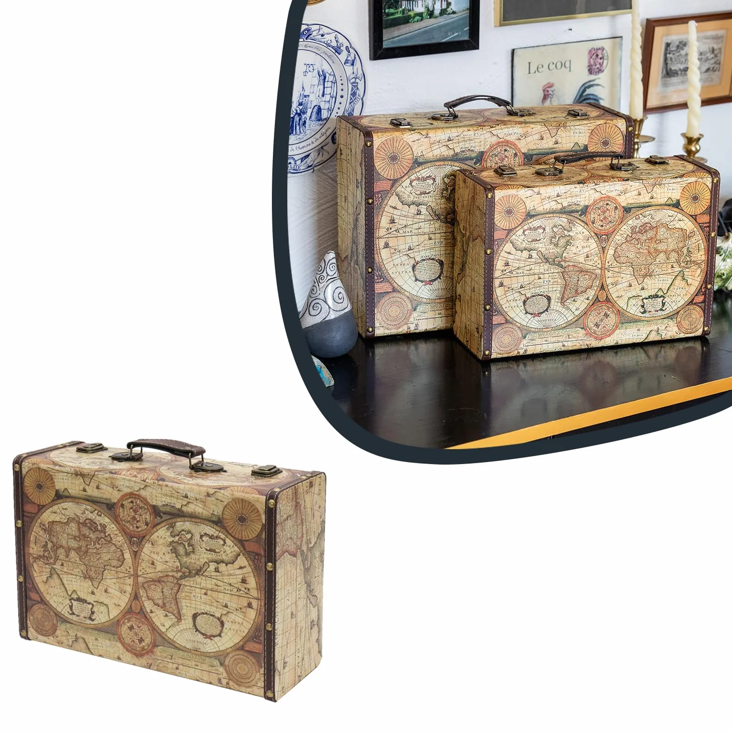 HMF VKO104 drewniana walizka w stylu vintage, 38 x 26 x 13 cm, duża, dekoracyjna mapa świata