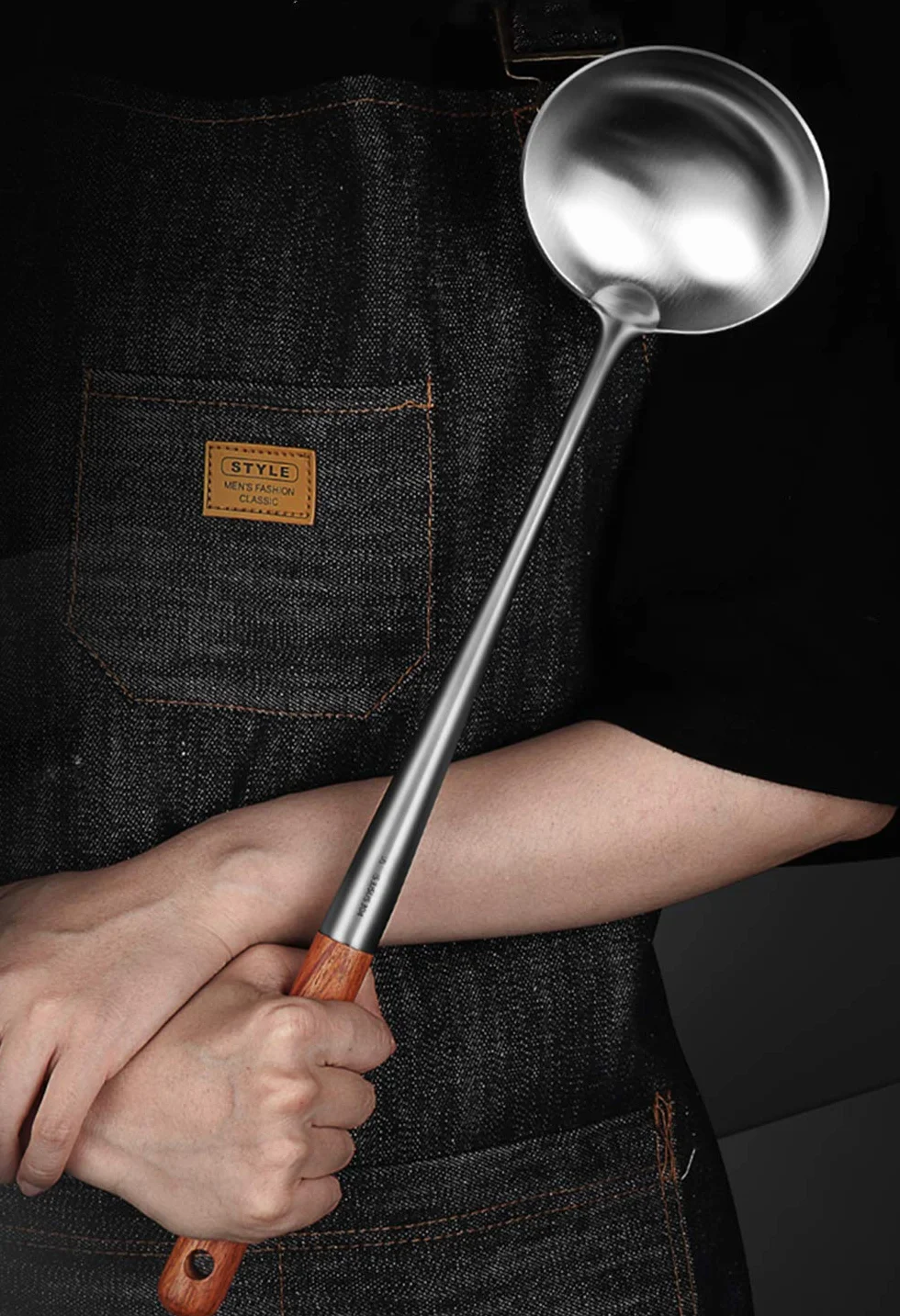 Chochla do zupy Wok, stal nierdzewna 304 z drewnianym uchwytem, 43 cm