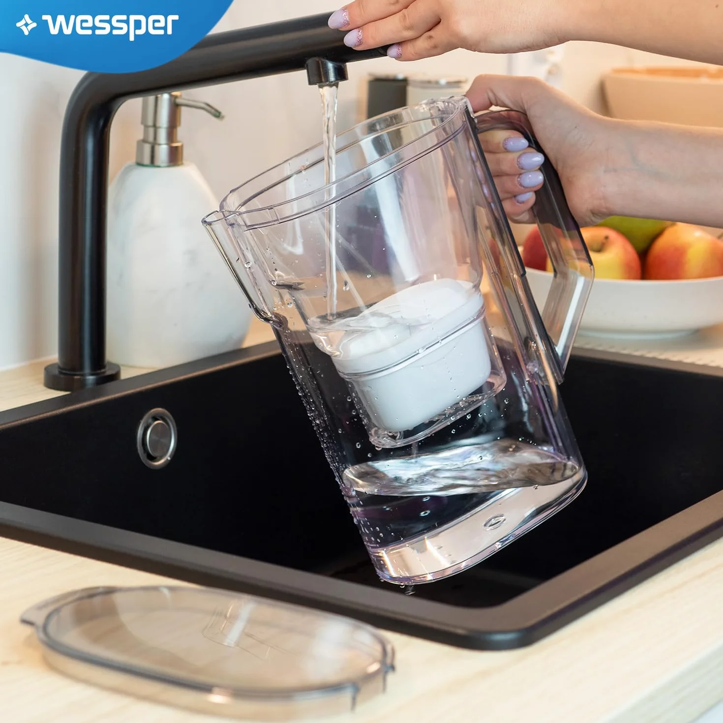 Wessper Dzbanek Filtrujący 2.7L | Zamiennik dla filtra Dafi Unimax Aquaphor A5 BRITA Maxtra+ PHILIPS AWP212/10 | Filtr do Wody Redukujący Kamień i Chlor | Dzbanek Filtrujący + 1x Wkład – Czarny