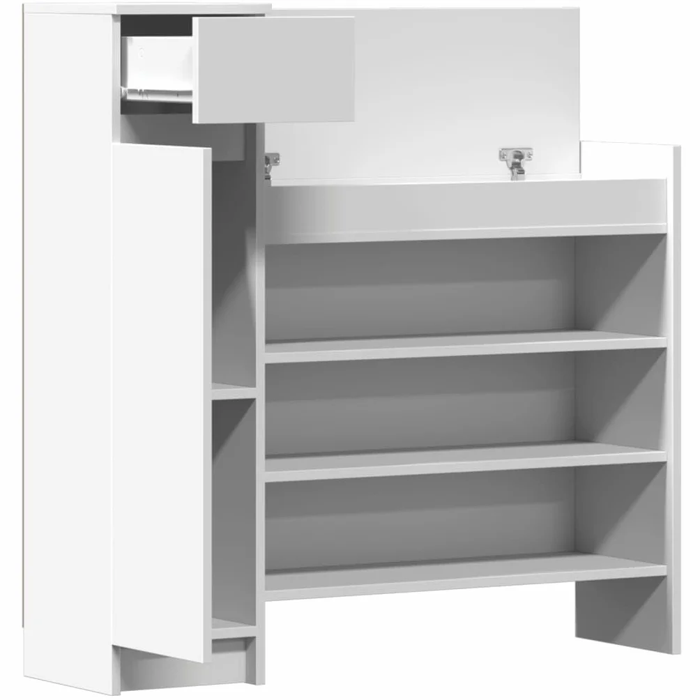 Biała szafka na buty, materiał drewnopochodny, 100,5 x 28 x 100 cm, z 1 szufladą, 2 drzwi, 4 półki, do korytarza, wejścia, sypialni, stylowa
