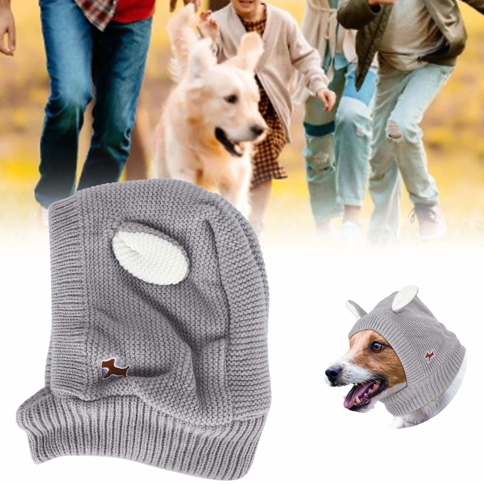 Czapka dla psa z wzorem uszu królika, dzianinowa, zimowa, dla psów 15-25 kg, szary