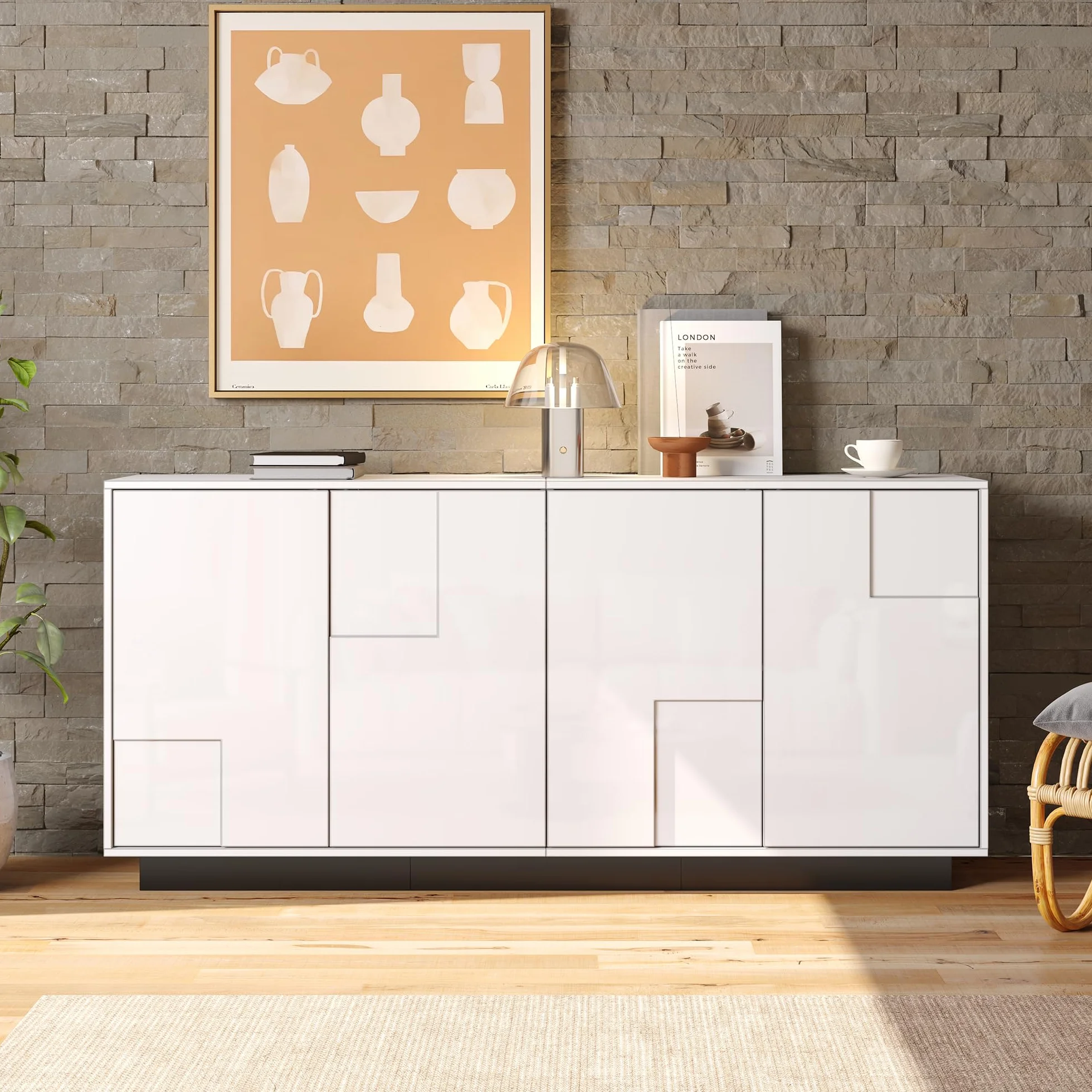 Szafka do salonu, 160 x 37 x 75,5 cm, z 4 drzwiami. Szafka pod wysoki połysk, szafka pod umywalkę o geometrycznym kształcie, duża przestrzeń do przechowywania, schemat kolorów w kolorze białym i