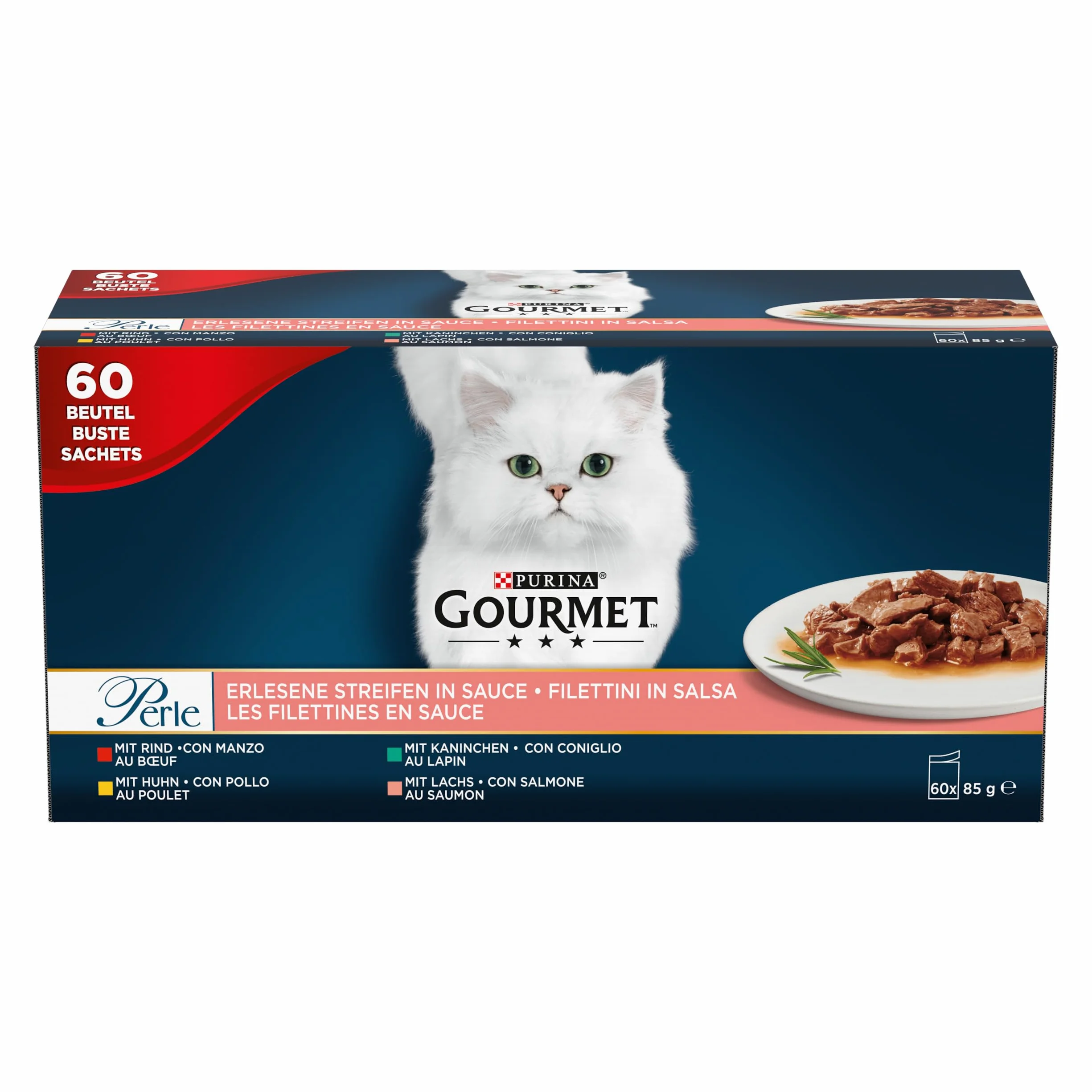 GOURMET PERLE | Karma mokra dla dorosłych kotów | Mini fileciki w sosie z Kurczakiem, Wołowiną, Łososiem i Królikiem | 60x85g