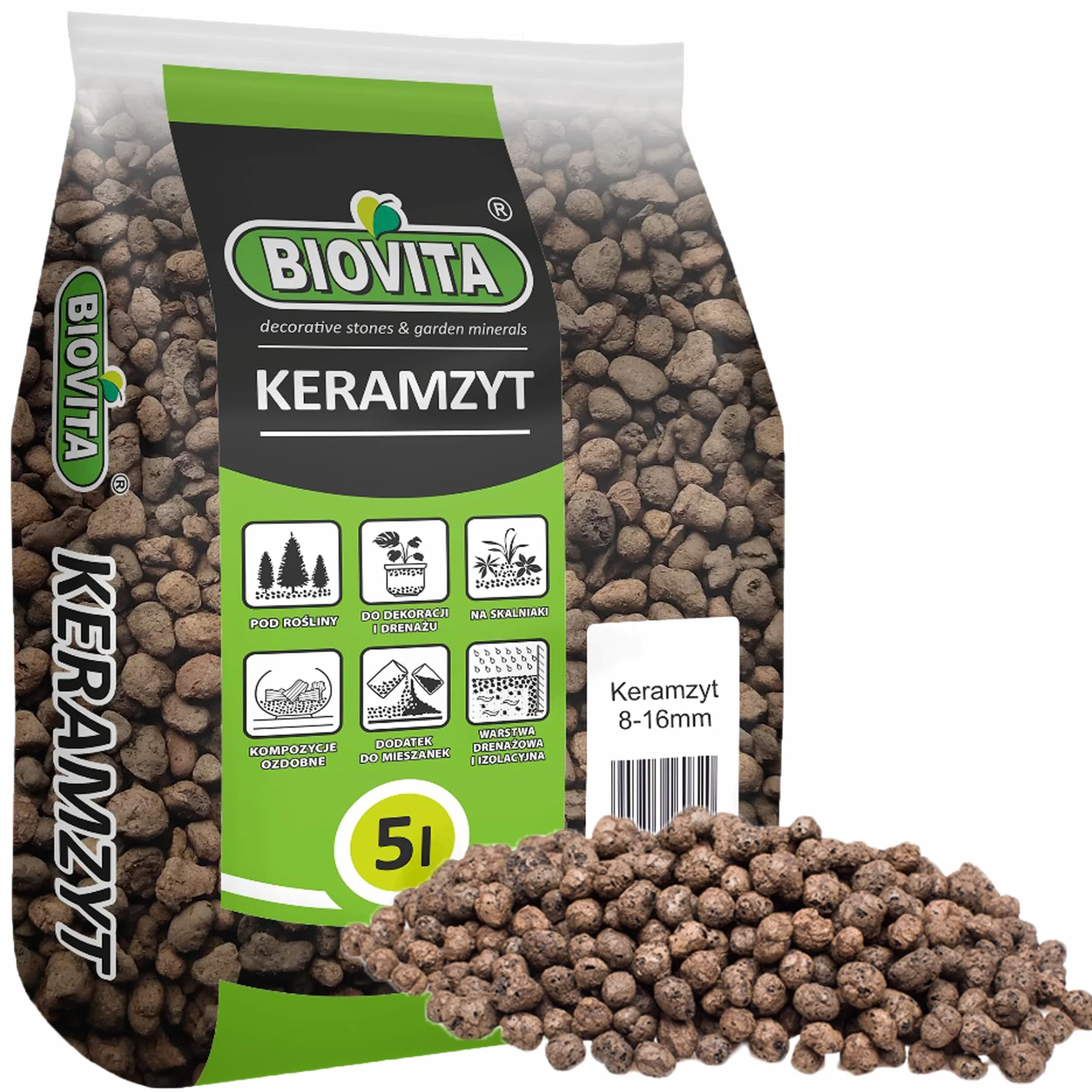 Glina ekspandowana, 5 l, granulat gliniany do drenażu, ziarnistość 8-16 mm, keramzyt, podłoże hydroponiczne, do roślin pokojowych, skrzynek na rośliny, doniczek, substratu, roślin, kwiatów