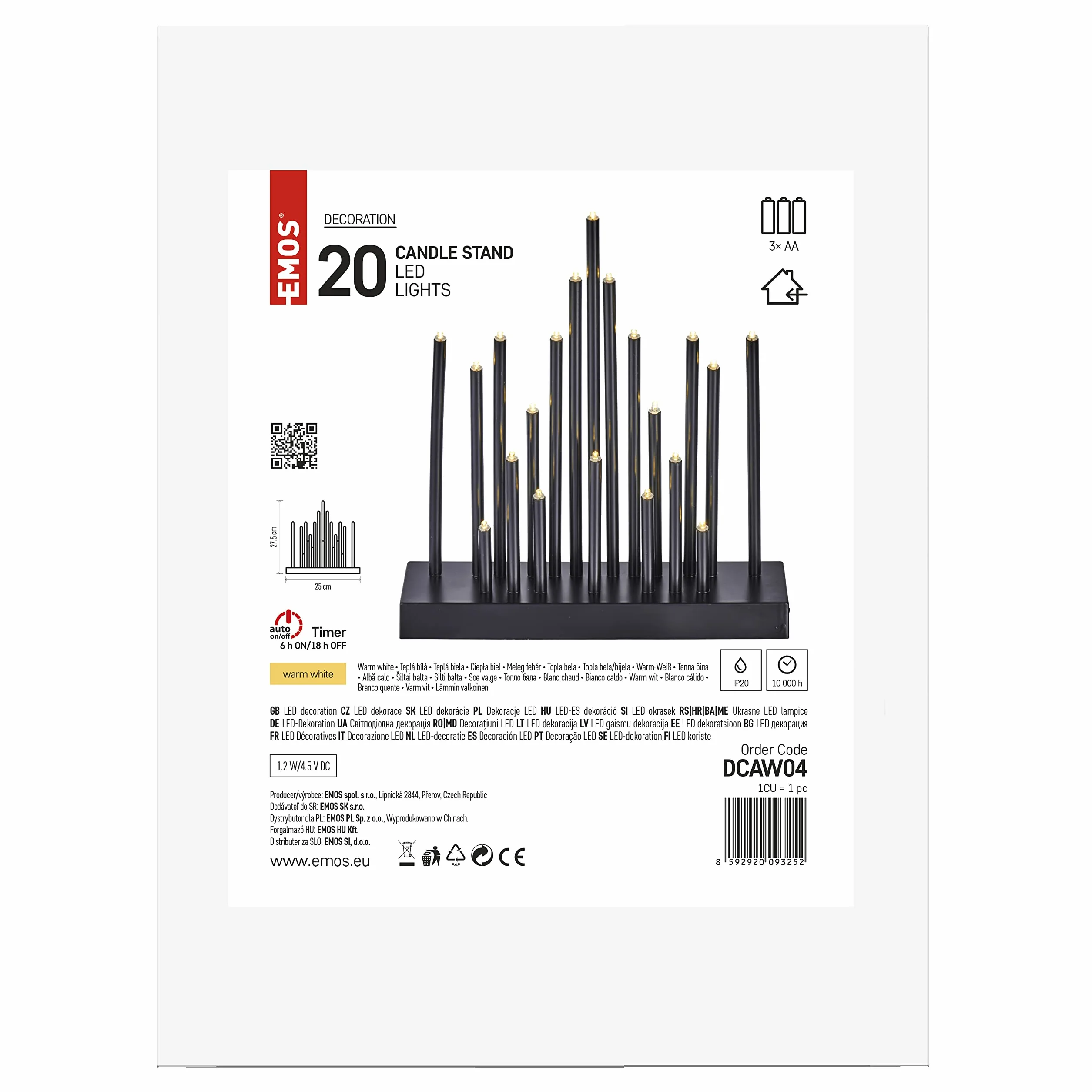 EMOS DCAW04 stojak na świece LED z 20 świecami w kształcie gwiazdy, czarny, zasilany bateriami 3 x AA, wewnątrz IP20, funkcja timera 6/18h, 27, 5 x 25 cm, DCAW04