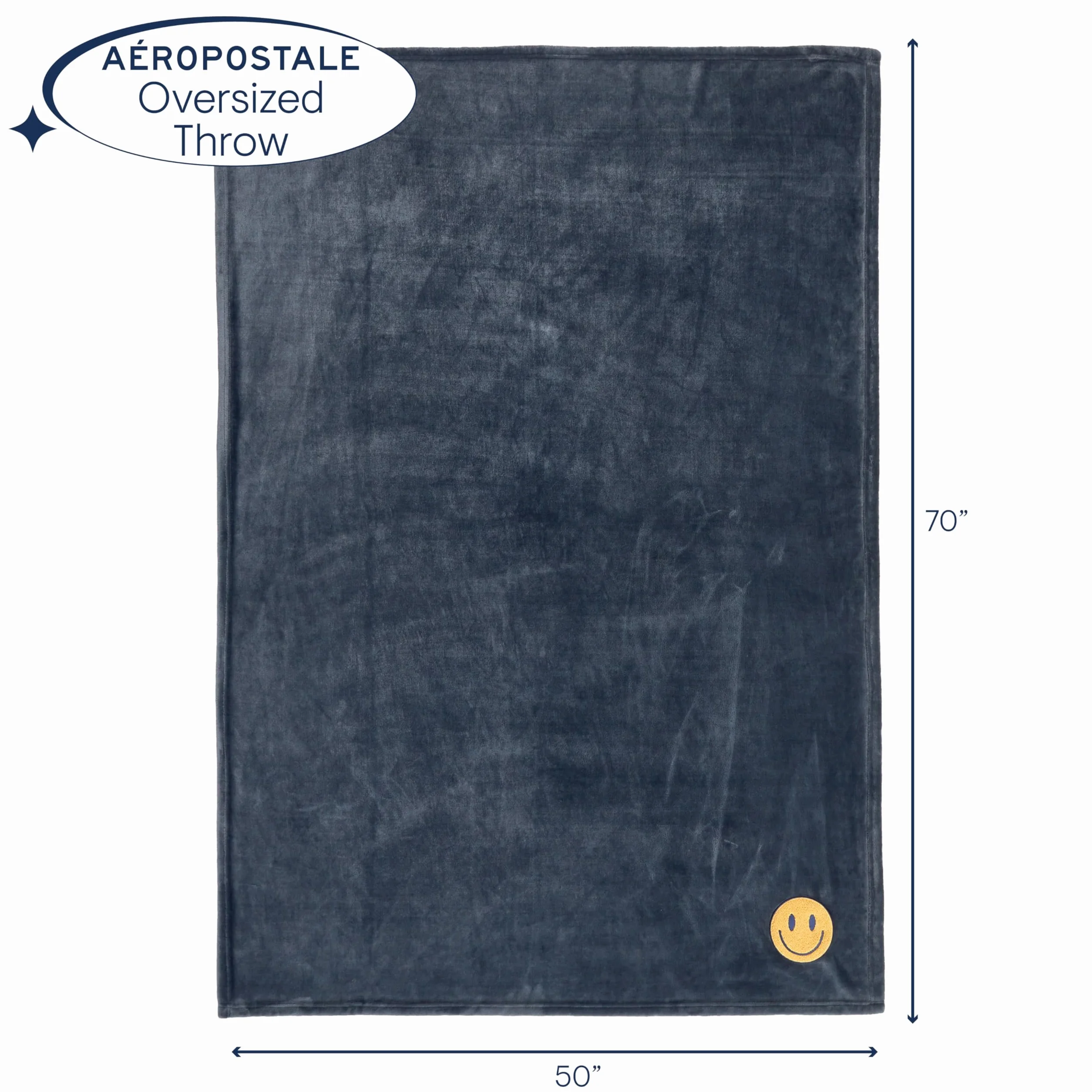 Aeropostale 127 cm x 178 cm luksusowy ciemnoszary, miękki, pluszowy, ponadwymiarowy koc z dekoracyjną naszywką z uśmiechniętą buźką