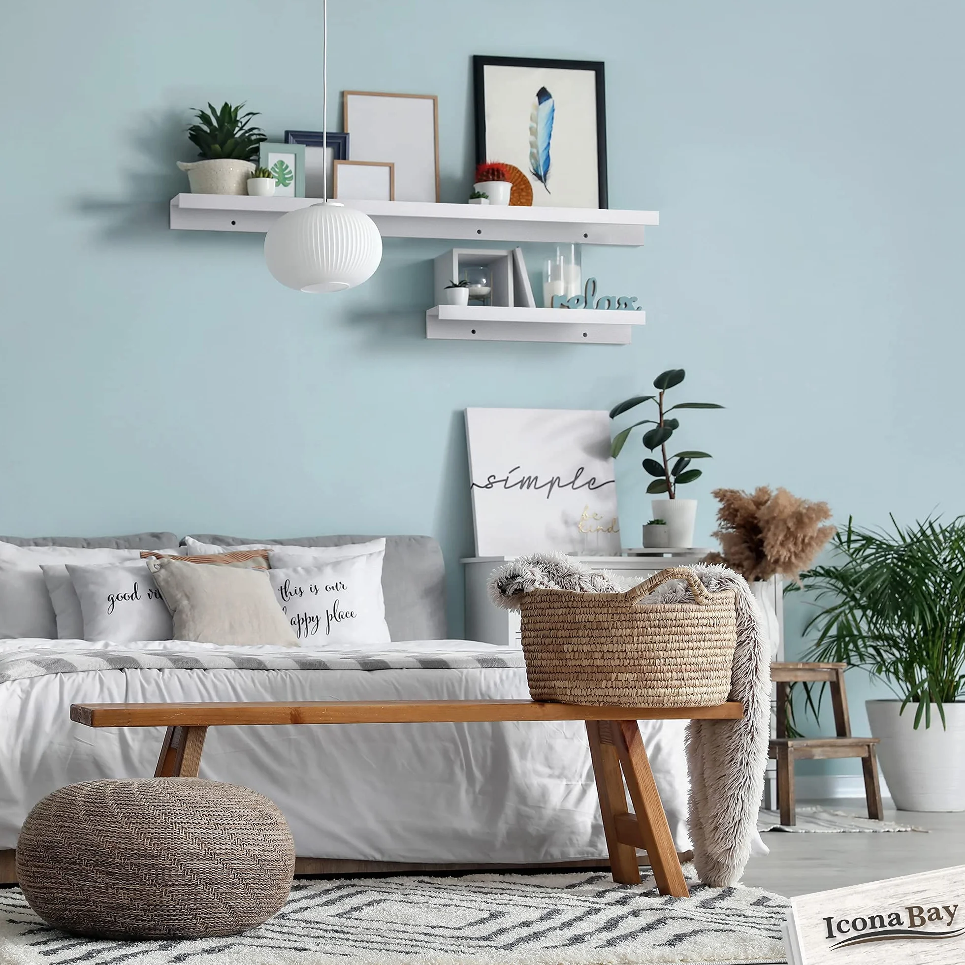 Icona Bay 61 cm Półki wiszące na ścianę - zestaw 3 sztuki w kolorze proszkowo-białym - nowoczesny rustykalny styl - Półki wiszące do montażu na ścianie - Listwy do obrazów