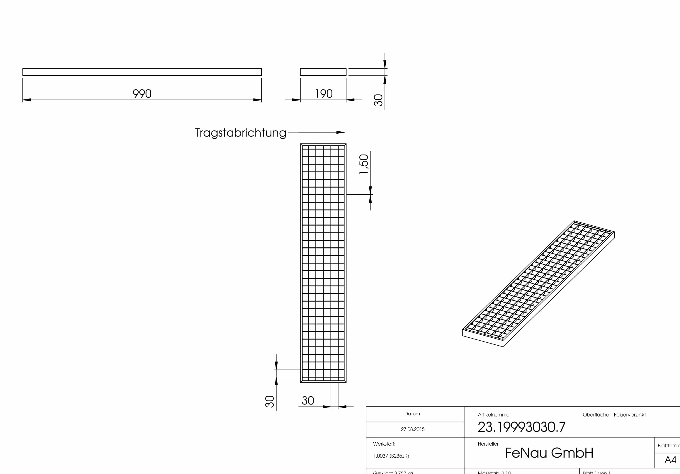 Fenau - Kratka garażowa 190 x 990 x 30 mm, MW: 30/30 mm, ocynkowana, ruszt do ościeżnicy: 200 x 1000 x 33 mm, norma budowlana do szybu świetlnego