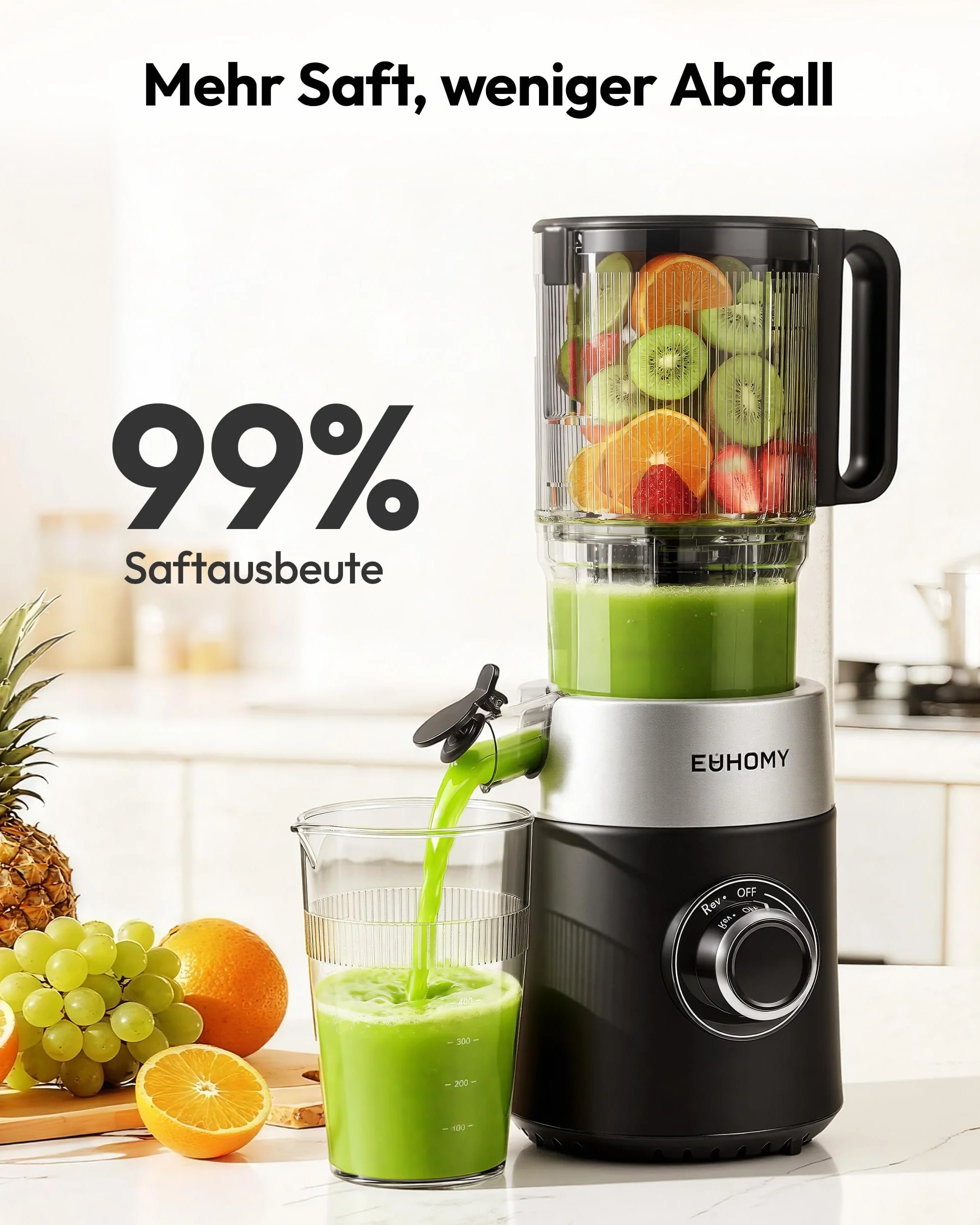 EUHOMY Sokowirówka, Slow Juicer, sokowirówka do warzyw i owoców, zwycięzca testu z otworem do napełniania 135 mm, pojemność 1,8 l, 2 filiżanki | elektryczna wyciskarka do soków, czarna srebrna