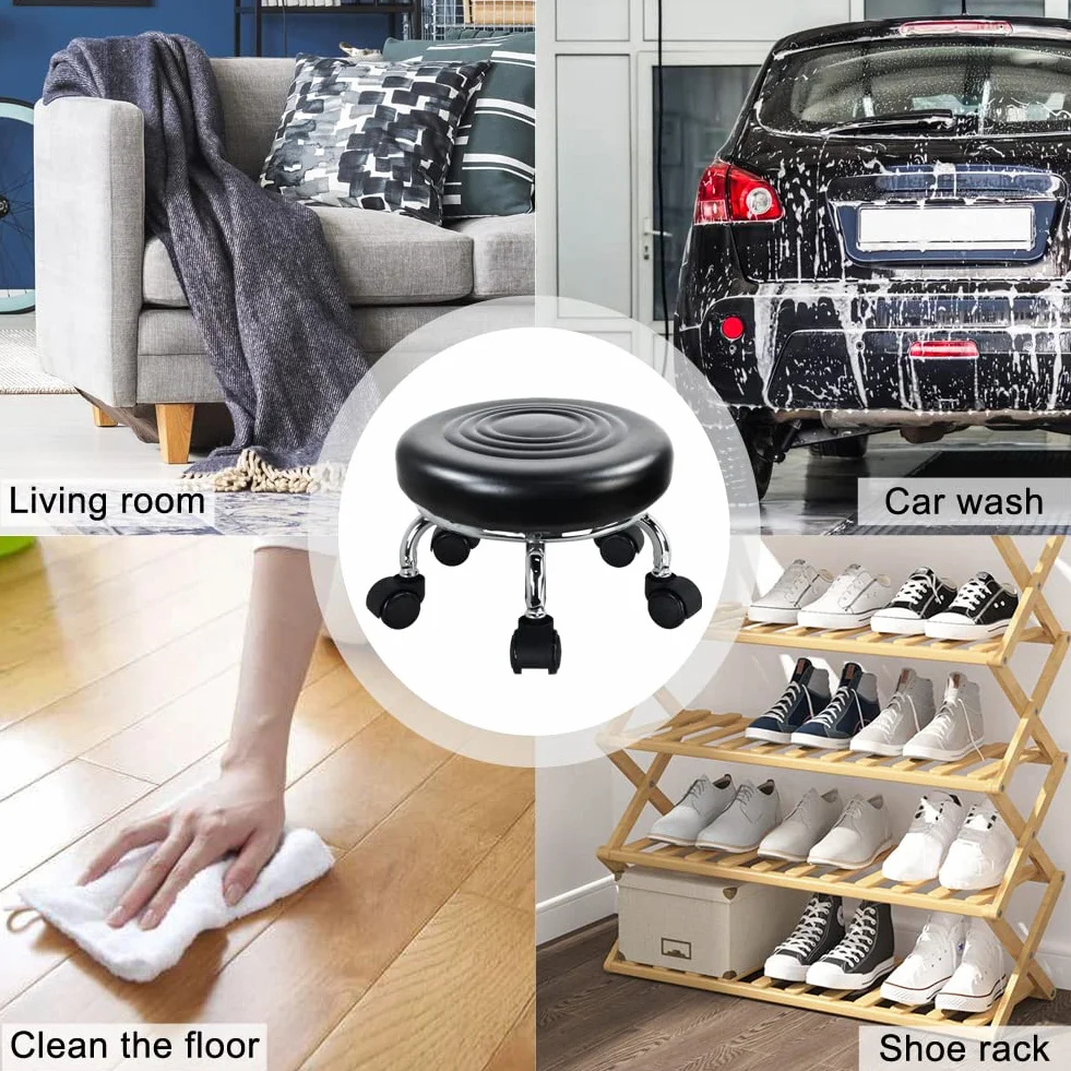 WKWKER Nowoczesne siedzisko rolkowe PU Leather Low Round Rolling Stool Skrętny mały stołek z uniwersalnymi kółkami do garażu domowego Sklep Fitness Sport, H: 21.3cm (czarny)