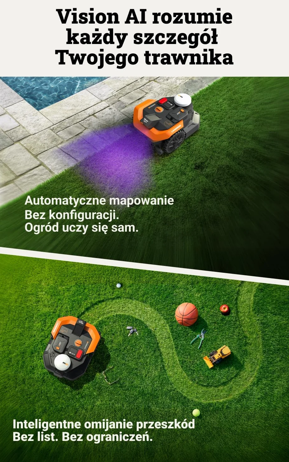 WORX Landroid Vision Cloud WR305E 2WD robot koszący bez kabla ograniczającego do 500 m² (wykrywanie przeszkód AI, nawigacja VSLAM+ RTK Cloud, automatyczne mapowanie, sterowanie za pomocą aplikacji)