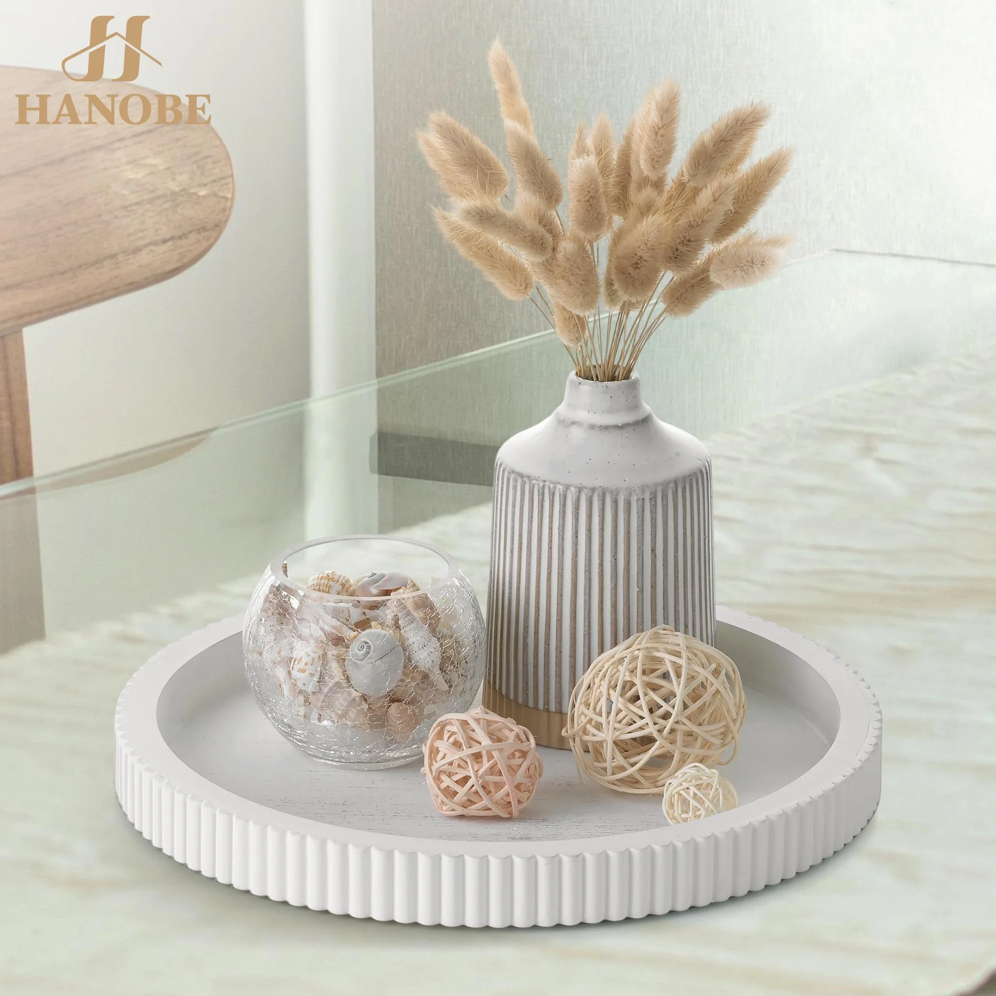 Hanobe Okrągła dekoracyjna taca Deco: Shabby Chic Białe drewniane tacki do serwowania do kuchni salonu - 30 cm Nowoczesna dekoracja domu Pionowe paski na stolik kawowy Wejście