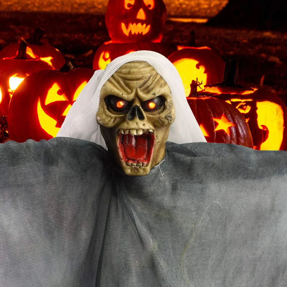 TRIXES Wiszący szkielet czarownicy dekoracja na Halloween, świecące oczy i krzyki, akcesorium na wydarzenie nawiedzonego domu, dekoracja z krzyczącym szkieletem z pętlą do zawieszania - zasilanie