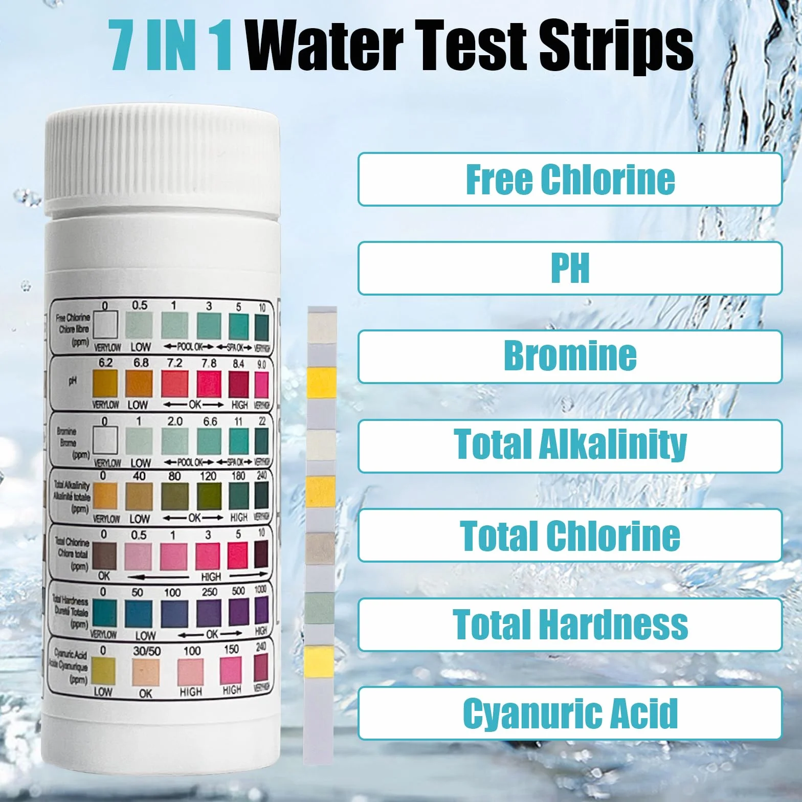 TRUEIN Paski testowe do basenu 7 w 1, 200 sztuk pasków testowych do wanny z hydromasażem, testowanie wody w basenie pod kątem wolnego chloru, pH, bromu, całkowitej kaliczności, całkowitego chloru