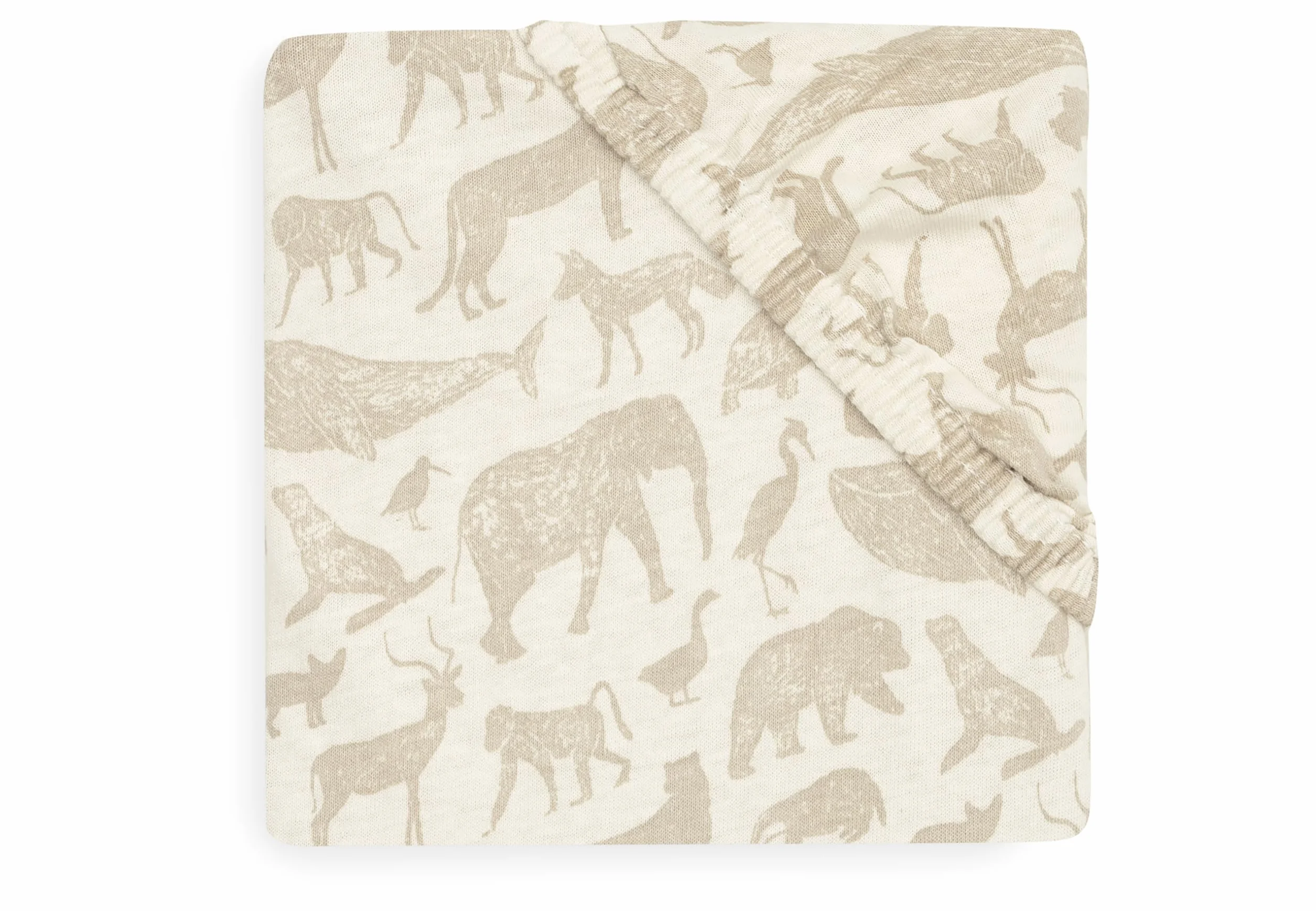 Jollein Prześcieradło z gumką Jersey - Animals, Nougat - 70 x 140 cm - 100% bawełna - prześcieradło z gumką - nadruk zwierzęcy, beżowe