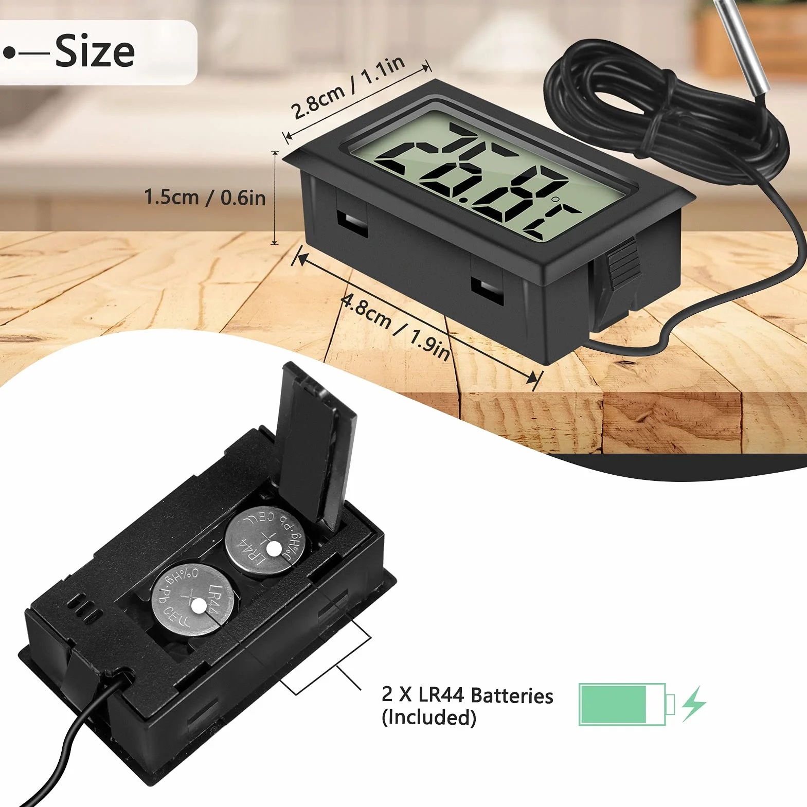 Thlevel Mini cyfrowy LCD termometr temperatury wilgotności z zewnętrzną sondą wodoodporną do lodówki, zamrażarki, akwarium, 2 białe, 2 czarne, 4 szt