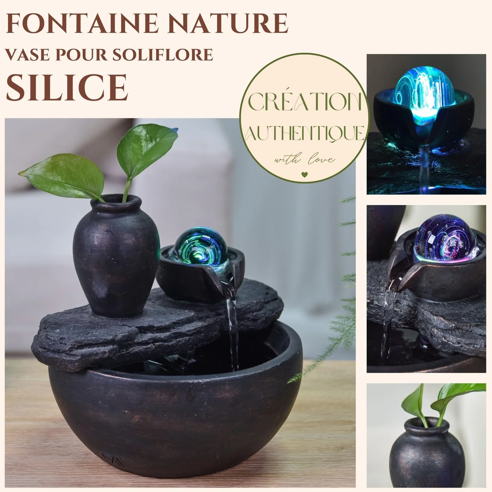 Zen Light SCFR22-I9 Silice Soli Flower Fontanna stołowa z wazonem i kolorowym światłem LED, 19 cm x 21 cm x 17 cm