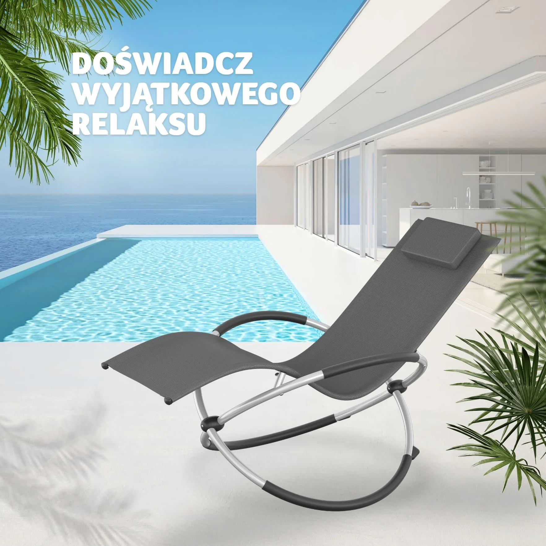 tectake® Ogrodowy Fotel Bujany, Ergonomiczny Składany Leżak z Oddychającym Materiałem Textilene i Zdejmowaną Poduszką, Solidna Stalowa Rama, Ochrona przed Wywróceniem (Szary)