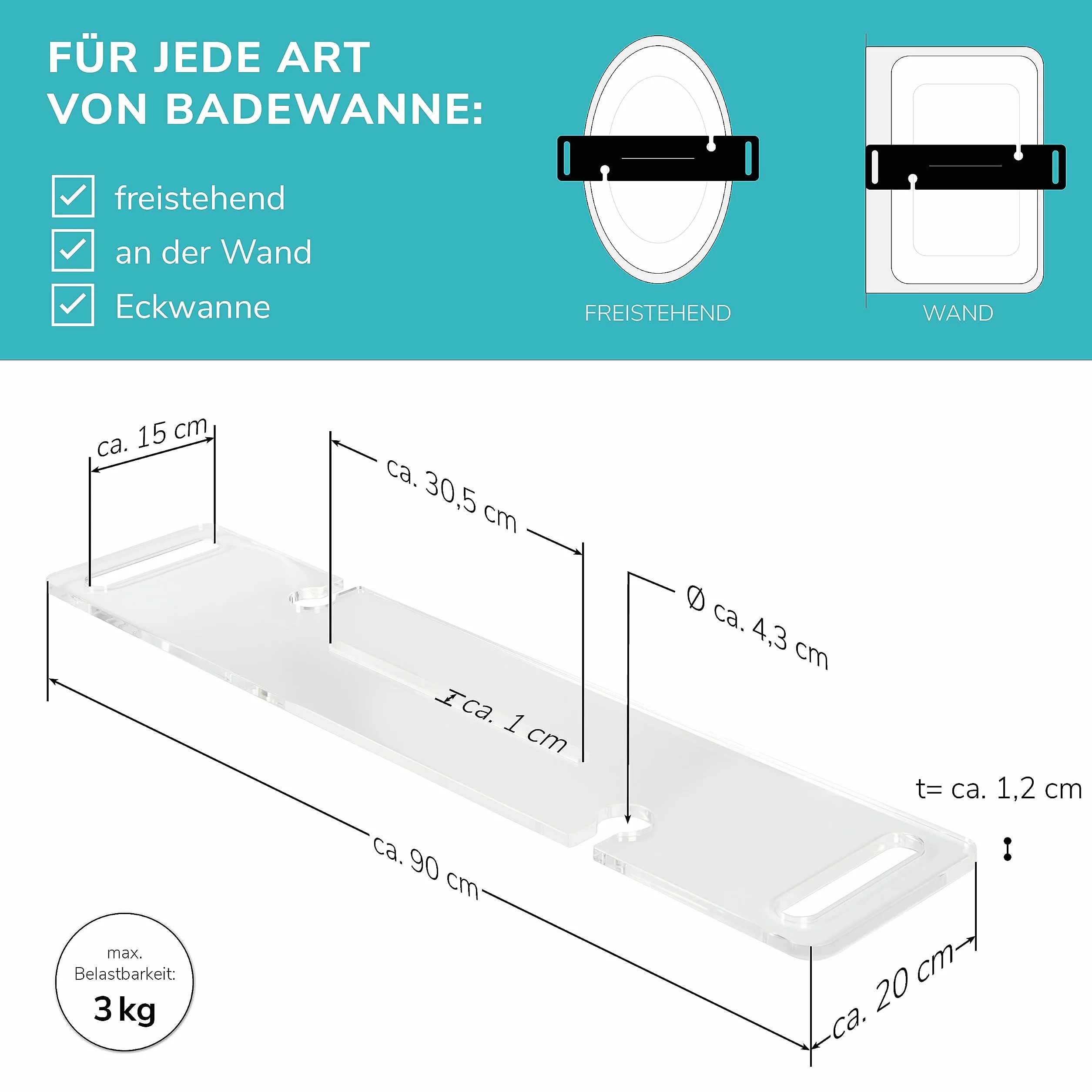 eluno Półka na wannę z otworem na napoje i tacką z akrylu, ok. 90 cm (przezroczysta)