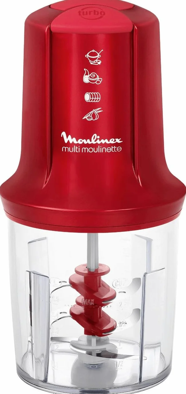 Moulinex Mini Elektryczny młynek do mielenia 3w1, siekanie, mikser, emulgator, majonez, chantilly, mięso, warzywa, zioła, przyprawy, suszone owoce, 2 prędkości, 500 W, czerwony AT714G32
