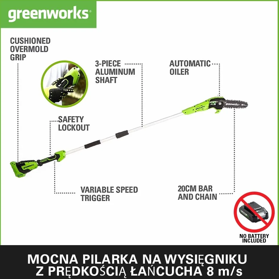 Greenworks G40PSF Akumulatorowa Pilarka na Wysięgniku, Ostrze 20cm, Szybkość Cięcia 8m/s, 3,64kg, Automatyczna Olejarka, Zbiornik Oleju 80ml, Zasięg 2.58m BEZ Baterii 40V i Ładowarki