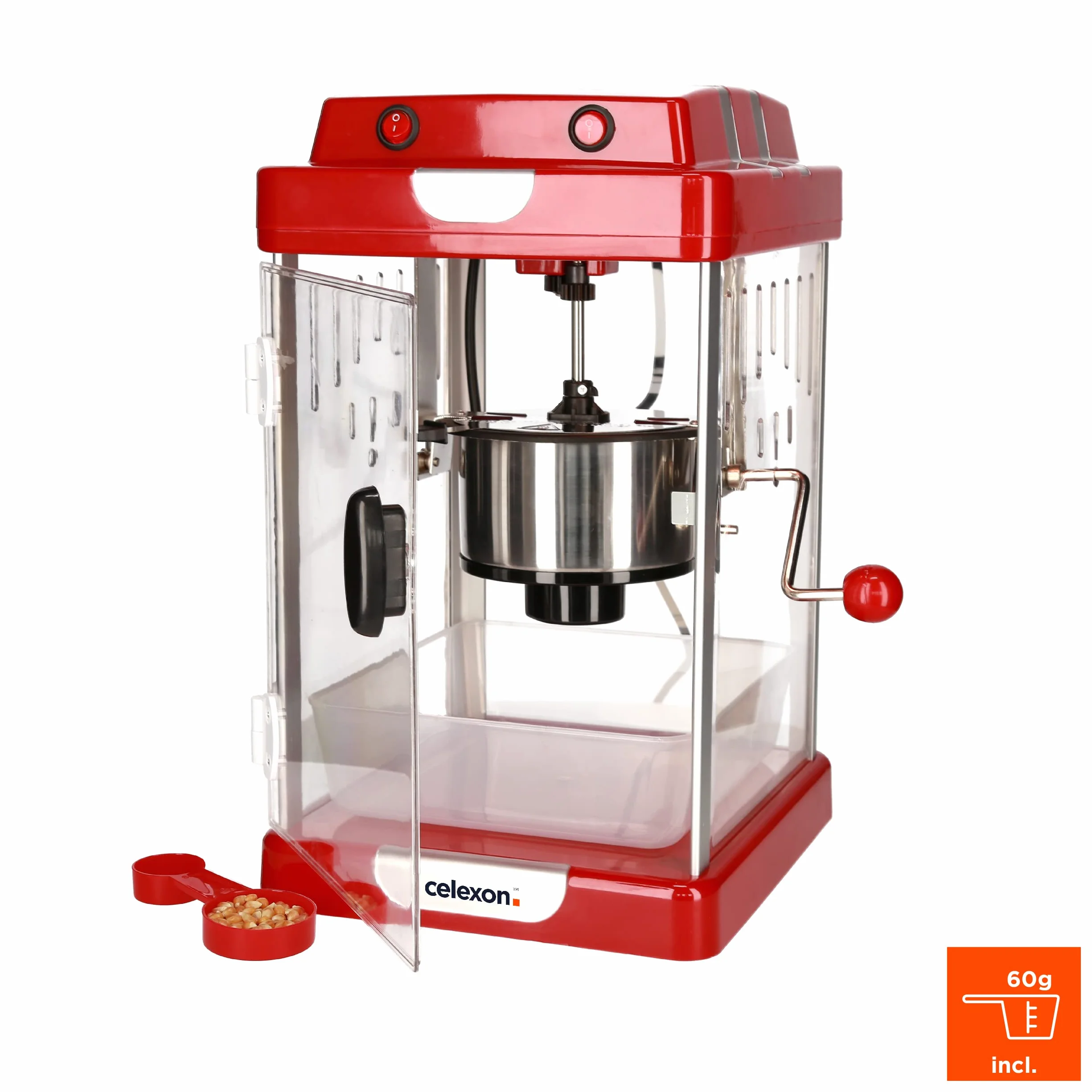 celexon CinePop CP1000 maszyna do popcornu – 24,5 x 28 x 43 cm – czerwony retro/kinowy design – czajnik ze stali nierdzewnej – urządzenie do robienia popcornu z wbudowanym mieszadłem