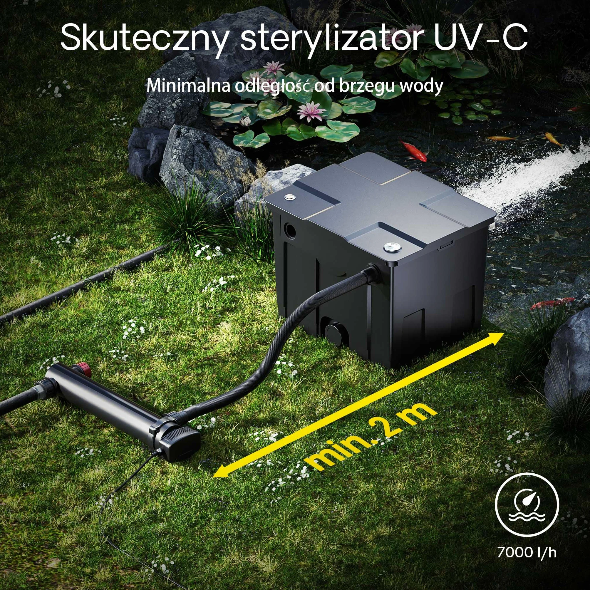 SunSun CUV-336 odstojnik do oczka wodnego 7000 l/h / 36 W UVC, odstojnik wstępny do filtra stawowego i pompy stawowej, odstojnik wody z lampą UV, filtr świetlny do zwalczania glonów